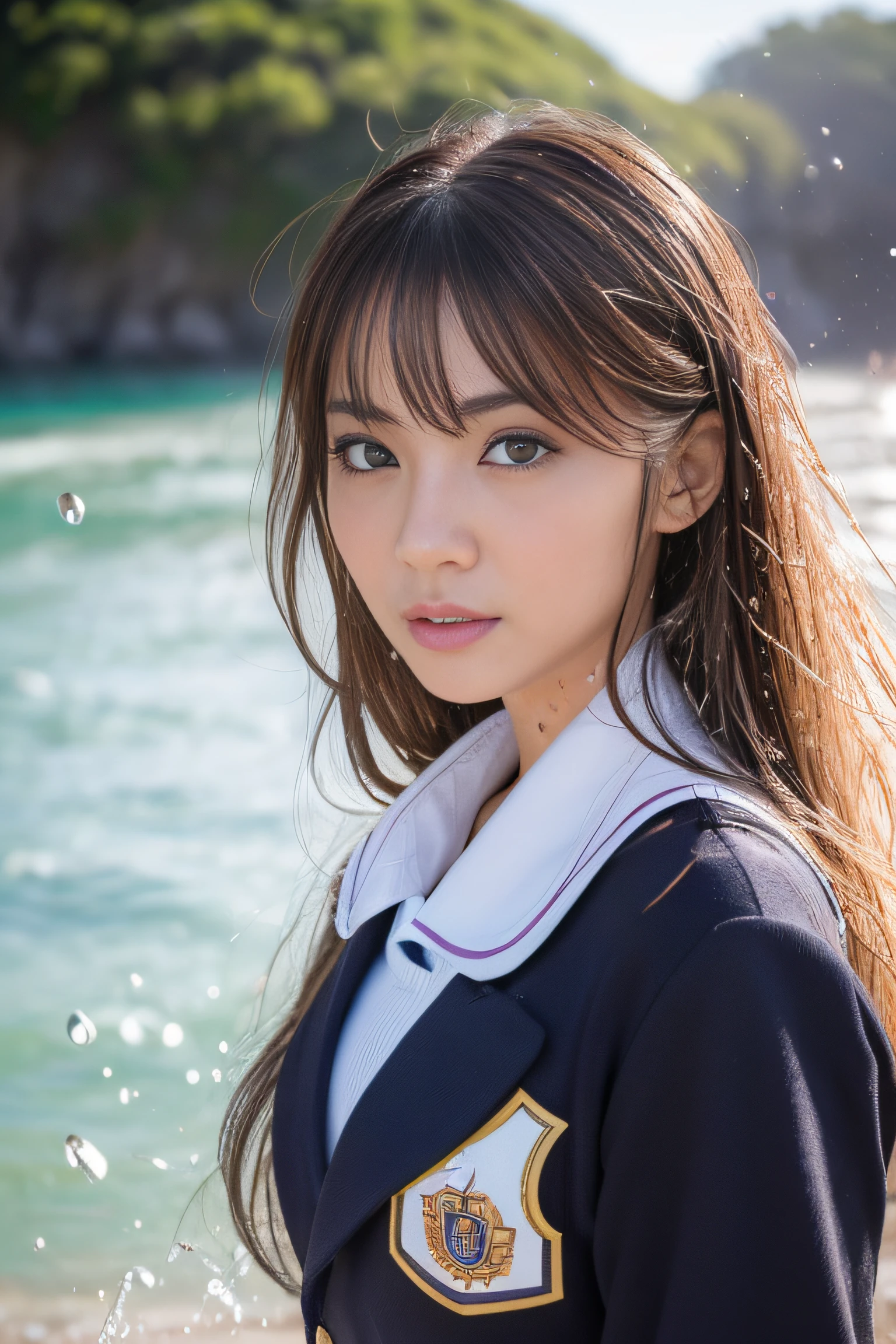 (masterpiece:1.2), ultra detailed, ultra high res, (realistic, photo realistic:1.37), high detail RAW color photo, professional photograph, an extremely delicate and beautiful, extremely detailed, 8k wallpaper, Amazing, finely detail, huge file size, extremely detailed beautiful girl, extremely detailed face, extremely detailed eyes, extremely detailed skin, extremely detailed fingers, extremely detailed nose, extremely detailed mouth, perfect anatomy, highly detailed background, (a famous actress of Japan:1.4), (gyaru:1.3), (flat chest:1.2), Dynamic lighting, (school uniform:1.45), (splashing:1.4), (wet hair), (wet skin), (full body:1.35), (water drops), (beach:1.3), sunbeam, lens flare