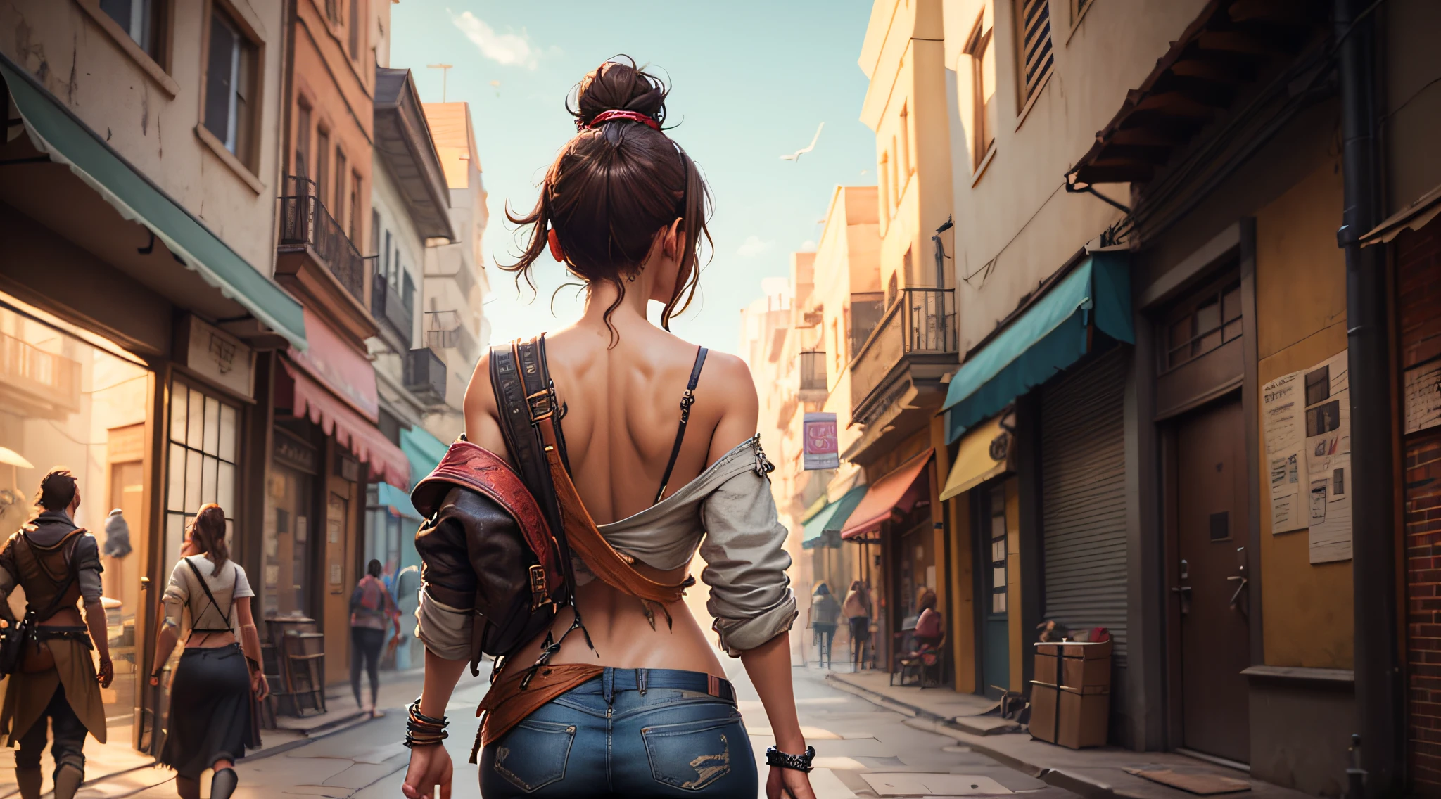 woman, brown hair, hair tied up, clothes a little torn, half of the body, from the back, in a city of adventurers, bright colors, realistic, gameplay of a game, highly detailed