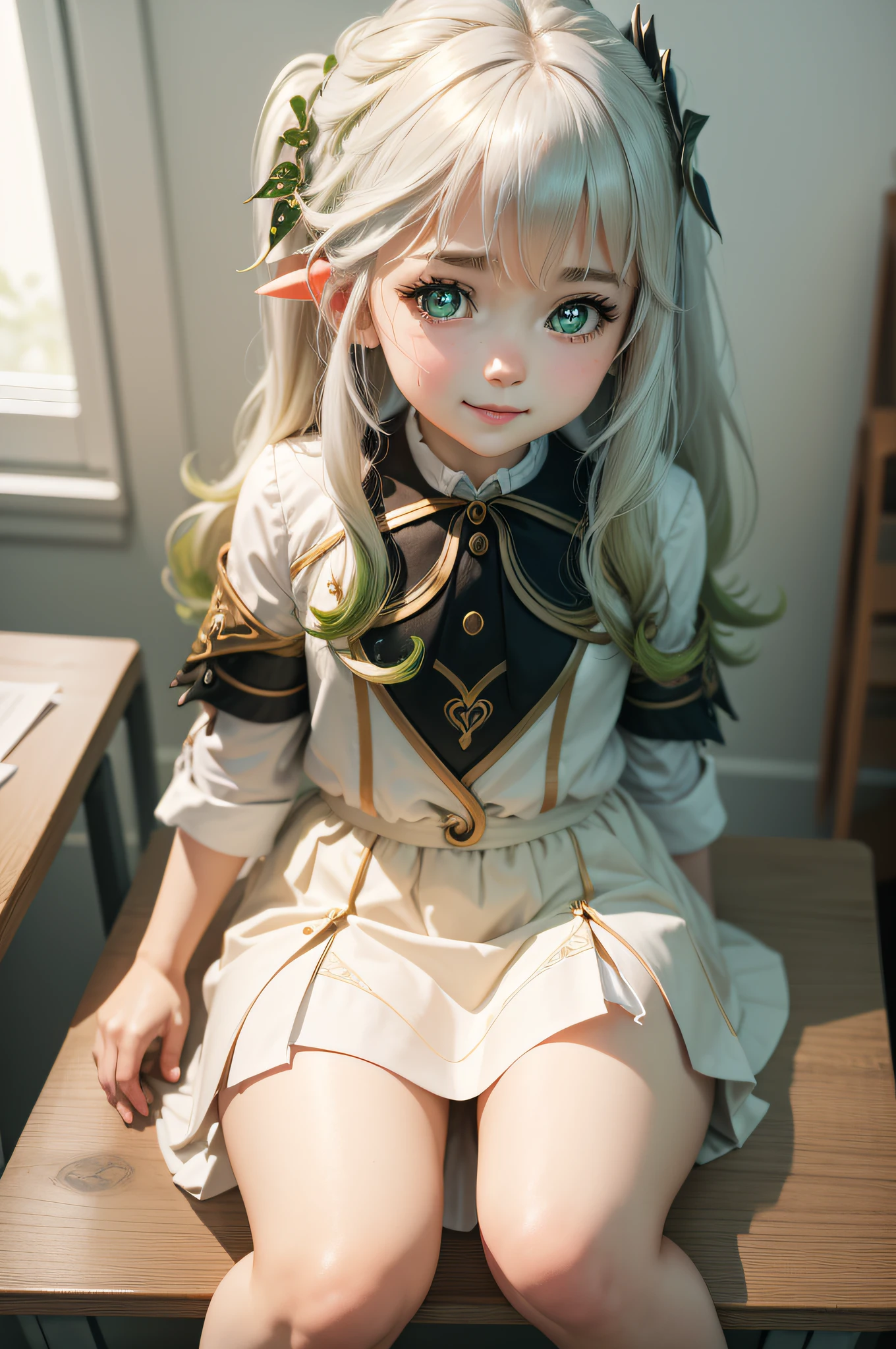 A girl in a school uniform sits at a school desk, Girl at school, The girl put her hand on the table, (side-view), short skirt, white blouse, little chest, Miniature figure, model figure, Slim waist, confusion, sexuality, Cute beautiful anime woman, detailed digital anime art, beautiful anime girl, beautiful anime girl, Anime with small details, Best Quality, Masterpiece, Ultra-detailed, Beautiful, hight resolution, Original,CG 8K ультрареалистичный, perfect artwork, beatiful face, Face Clean, Skin, hyper realistic, Ultra Detailed, A detailed eye, dramatic lighting, (Realistic) Realistic, Full HD, Best Quality, Best Quality, Beautiful lighting, (8k wallpaper of extremely detailed CG unit), High Details, sharp-focus, The art of dramatic and photorealistic painting, beautiful smile, pectorals, little chest, microskirt, tinyskirt, ((SFW)),