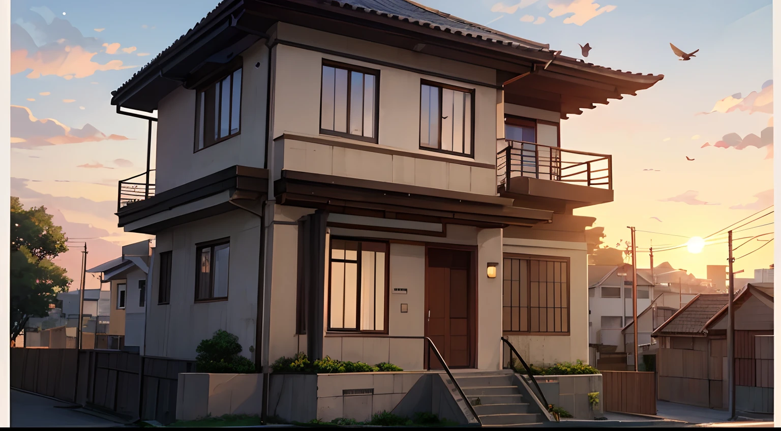 anime style house, 2 floors, early in the morning, sunrise, city, birds flying
