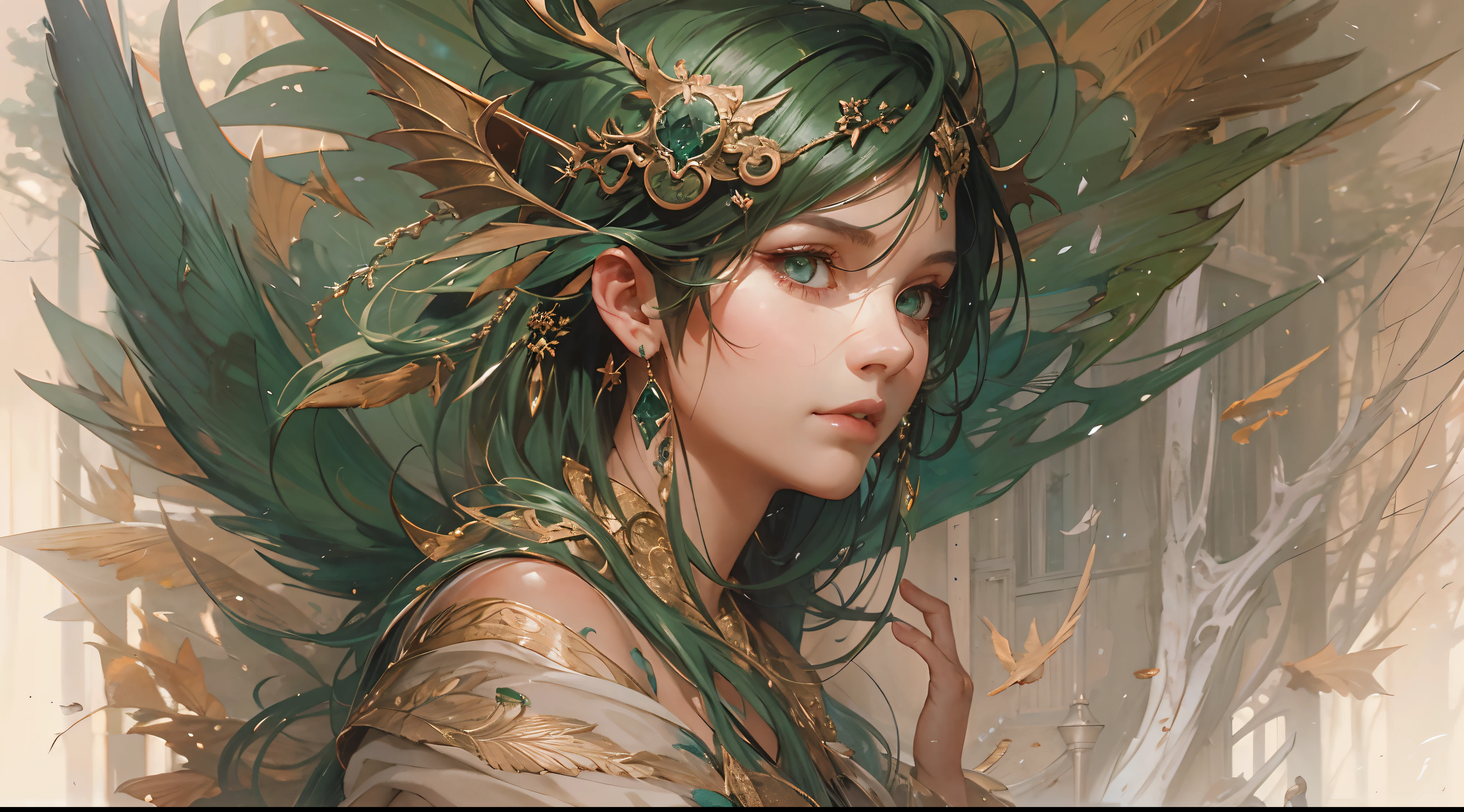 (by Greg Rutkowski: 1.2), (masterpiece), (best quality), extremely delicate and beautiful, illustration, 1 little green dragon girl, dragon horns, dragon wings, dragon tail, emerald eyes, short hair, quiet, (smile:0.8), hair ornament, robe, bare shoulders, sitting, birds, sunbeams, in grove, From Brian Froud and Carne Griffiths and Wadim Kashin and John William Waterhouse, 8K post-production, high resolution, hiper detailed, depth of field, HDR, intricate