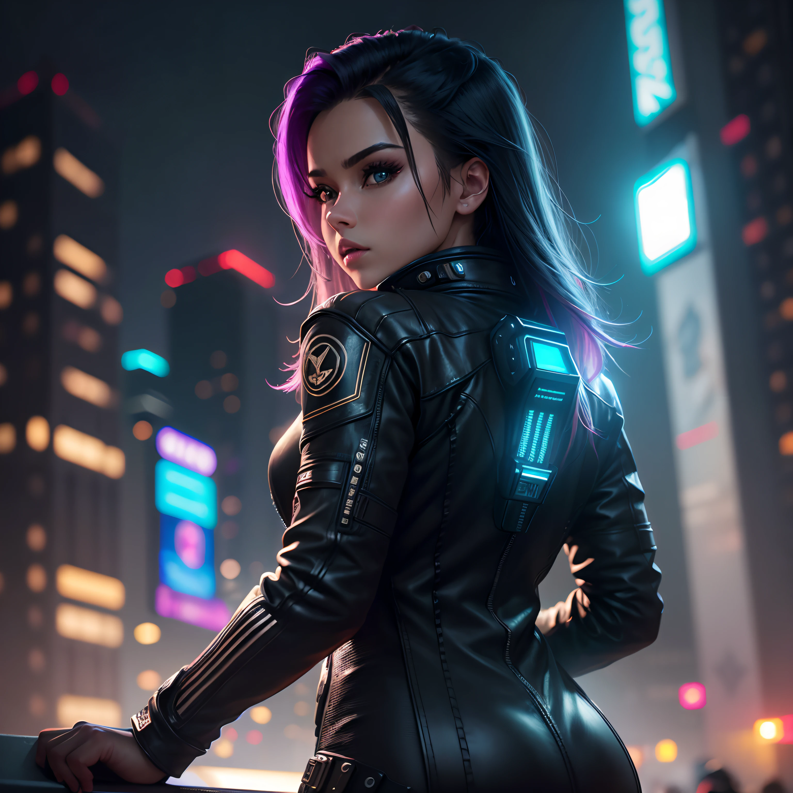 hyper realistic, lifelike texture, dramatic lighting, (best quality:1.1), depth of field, nighttime, in a futuristic cyberpunk city, HDR, shallow depth of field, broad light, high contrast, backlighting, bloom, light sparkles, chromatic aberration, sharp focus, futuristic clothing, leather jacket, beauty512, lnchuu,