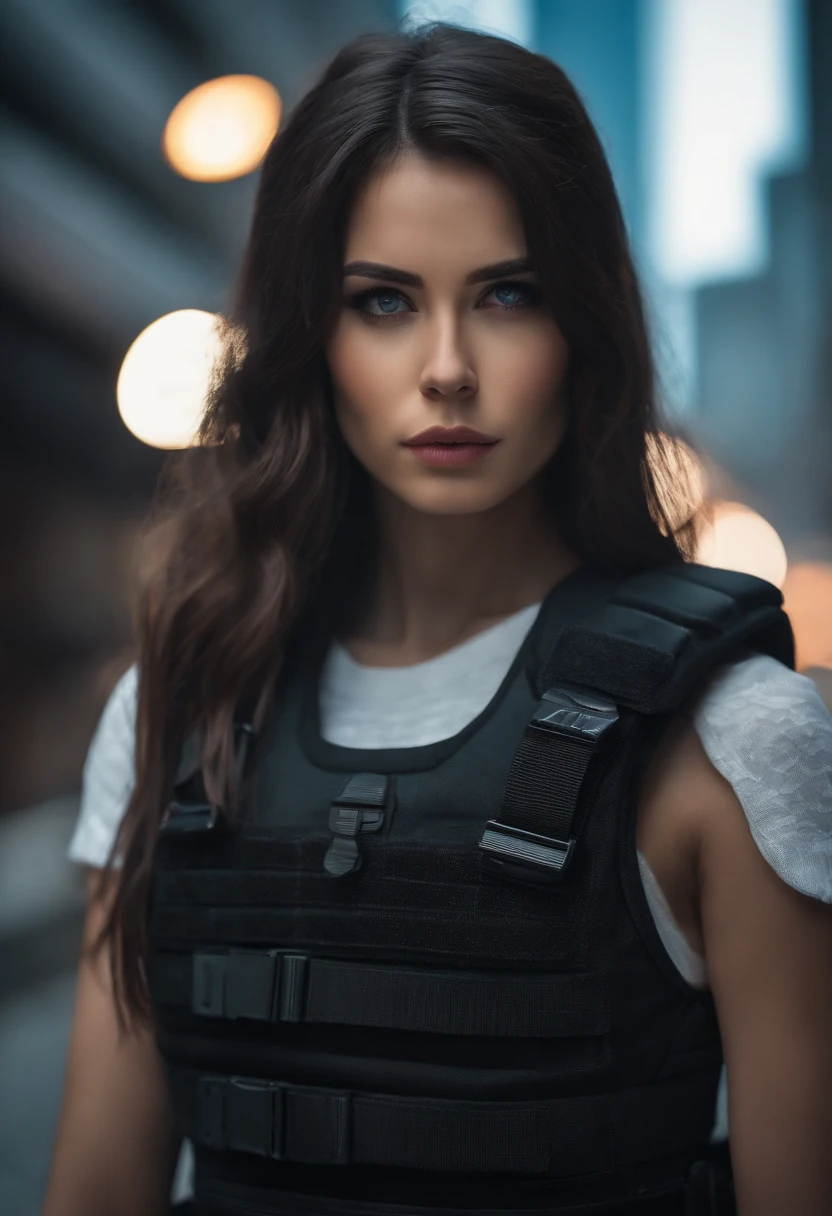 1girl, looks like CJ Miles, solo, long hair, revealing black ops tactical vest, looking at viewer, tokyo street background, black hair, two side up, turtleneck, blue eyes, lips, closed mouth, ribbon, hair ribbon, bangs, full body, 6 pack abs, parted bangs, black ribbon, ribbed sweater, twintails, nose, sexy features