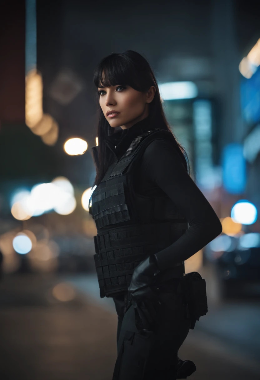 1girl, looks like CJ Miles, solo, long hair, revealing black ops tactical vest, looking at viewer, tokyo street background, black hair, two side up, turtleneck, blue eyes, lips, closed mouth, ribbon, hair ribbon, bangs, full body, 6 pack abs, parted bangs, black ribbon, ribbed sweater, twintails, nose, sexy features