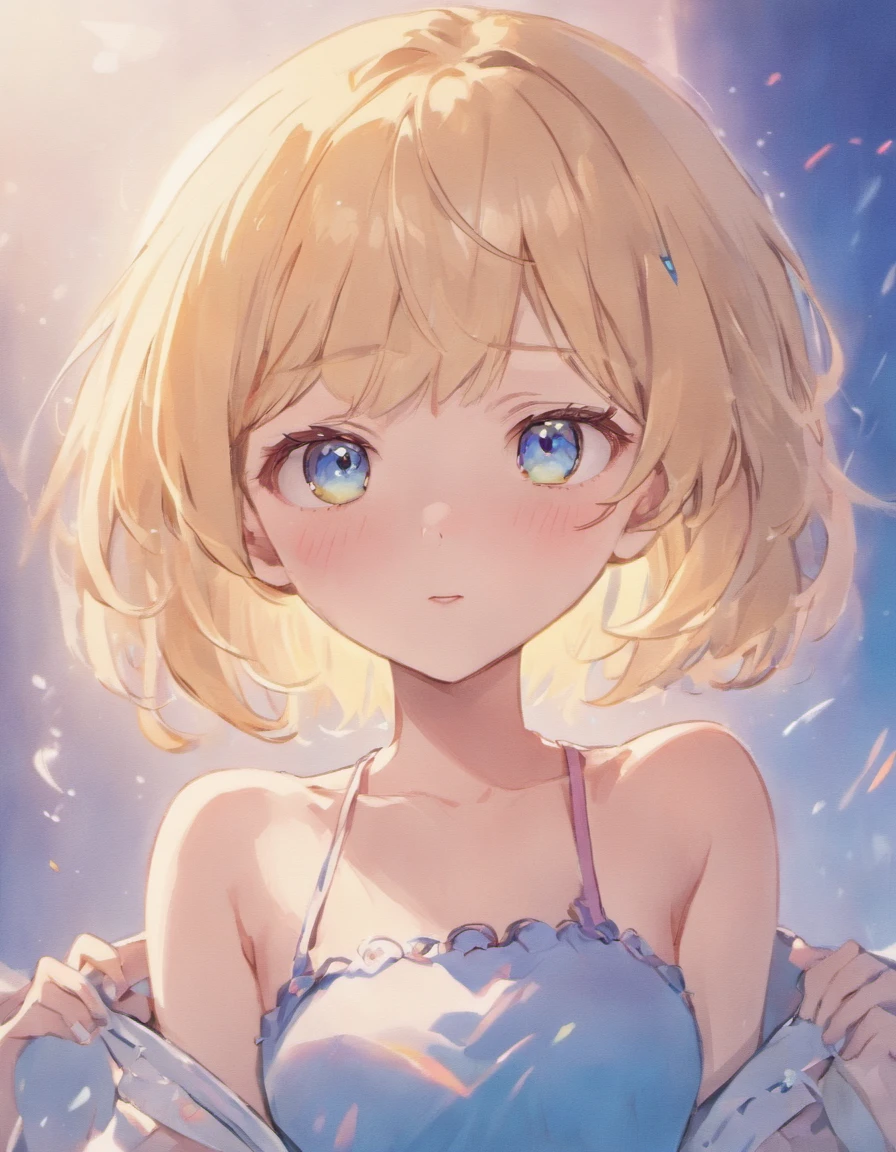 absurderes, ultra-detailliert,bright colour, extremely beautiful detailed anime face and eyes, view straight on, ;D, shiny_skin,25 years old, Short hair, , asymmetrical bangs, Blonde hair with short twin tails, Shiny hair, Delicate beautiful face, red blush、(Deep Blue Eyes:1.2), White skin, hair clips, (Accept yourself:1.5)、pink bra、(Surprised:1.4)、(nose blush)、Looking at the camera、Bedroom、(Upper body:1.2)、Slender body、Shiny hair、Opening Mouth、(Bright sunshine)、Wearing a change of clothes、(glint)、You can see the blue sky from the window、Small necklace、hair clips