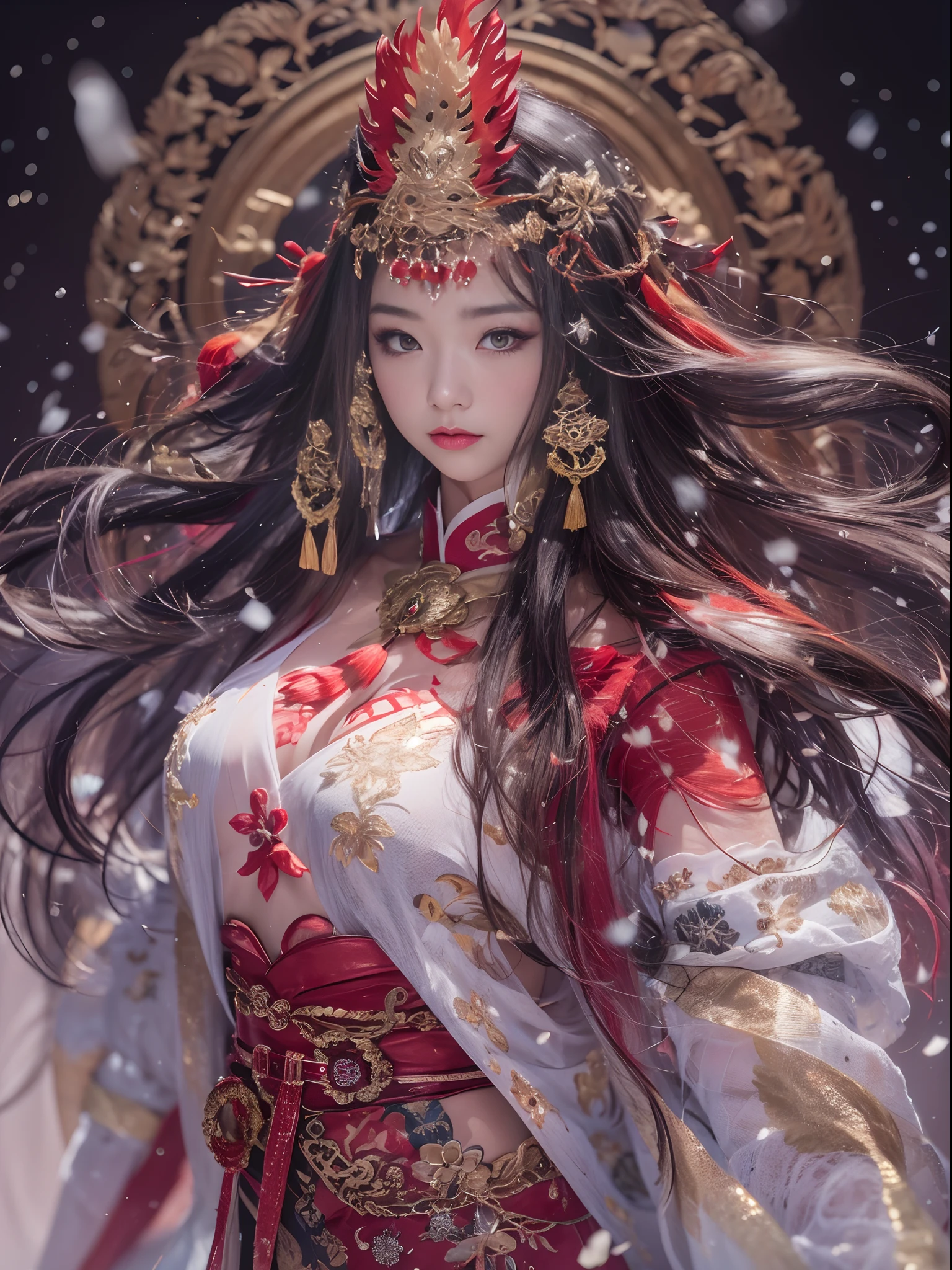 Flame Girl, Yao Lang protector, Chinese girl, flowing hair, burgundy hair, Onsen District, python pattern robe, Black gold master Kawashima work headdress, gradient glass texture, ultra-realistic, (masterpiece, hyper HD, 32K), Snowflakes fluttering, high resolution, detailed, RAW photograph, Nikon D850 Film Stock Photo by Jefferies Lee 4 Kodak Portra 400 Camera F1.6 shots, cinestill 800 film, Rich colors, vivid textures, Dramatic lighting, Unreal Engine, trending on ArtStation