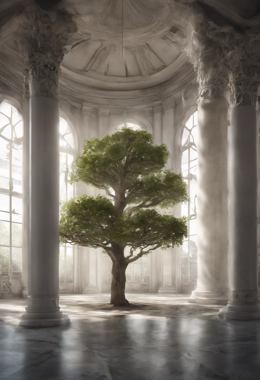 There is a tree in a room with pillars, Inspired by 3D renderings by Alexander Kobzd, cg society contest winner, conceptual art, tree of life inside the ball, conceptual rendering, finalrender, 3 d concept render, 3d concept render, 3 d render even lit, physically-based renderingt, physically-based renderingt, collective civilization tree
