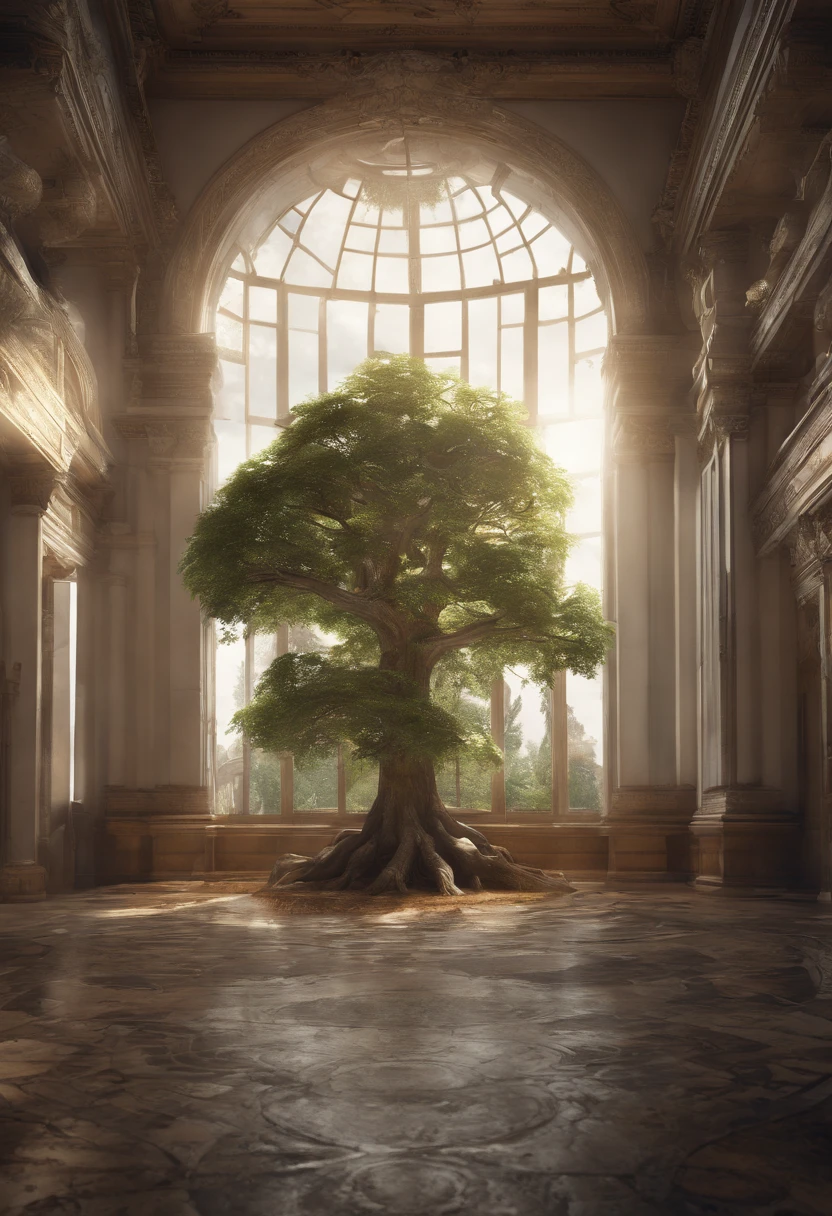 There is a tree in a room with pillars, Inspired by 3D renderings by Alexander Kobzd, cg society contest winner, conceptual art, tree of life inside the ball, conceptual rendering, finalrender, 3 d concept render, 3d concept render, 3 d render even lit, physically-based renderingt, physically-based renderingt, collective civilization tree