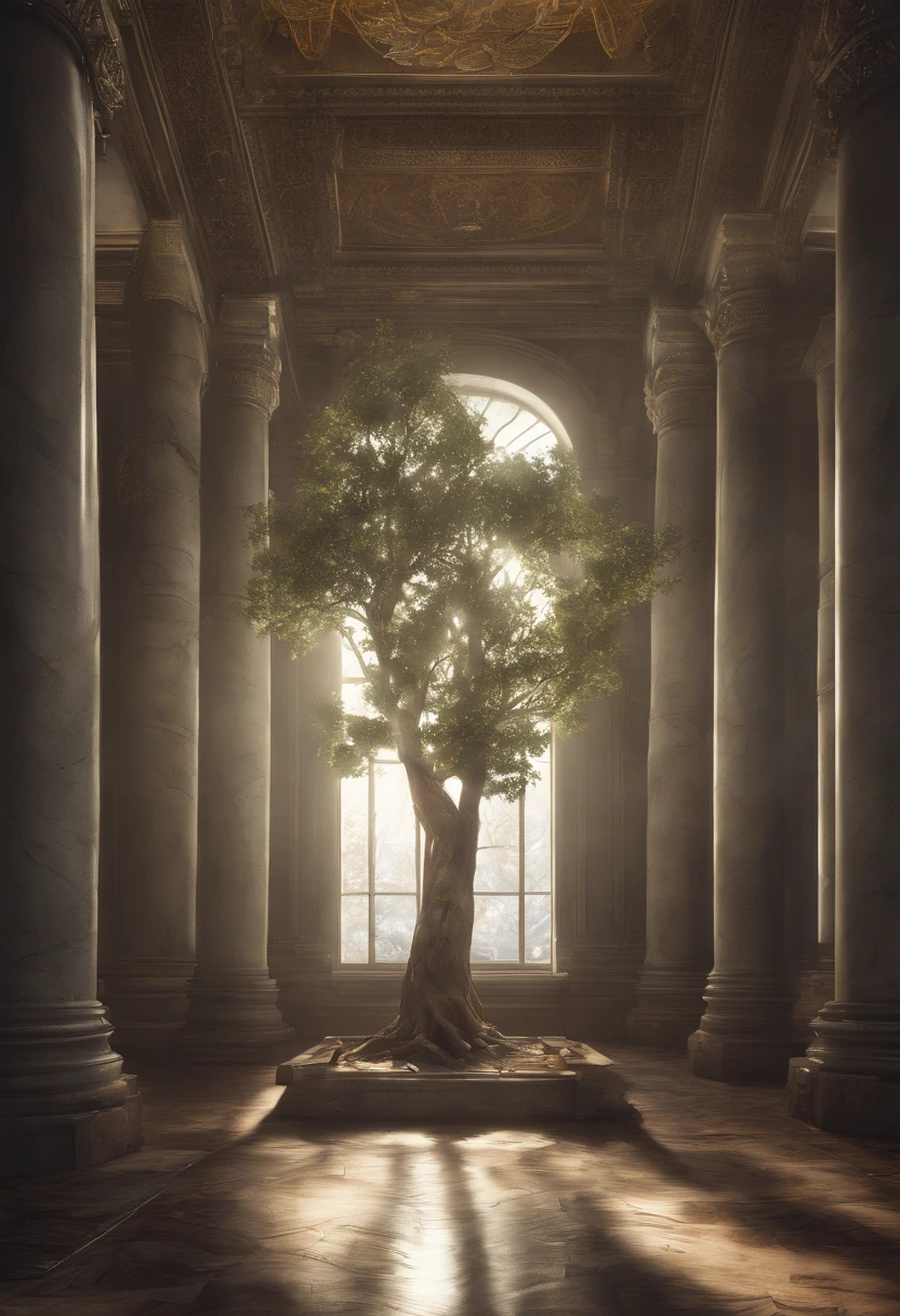 There is a tree in a room with pillars, Inspired by 3D renderings by Alexander Kobzd, cg society contest winner, conceptual art, tree of life inside the ball, conceptual rendering, finalrender, 3 d concept render, 3d concept render, 3 d render even lit, physically-based renderingt, physically-based renderingt, collective civilization tree