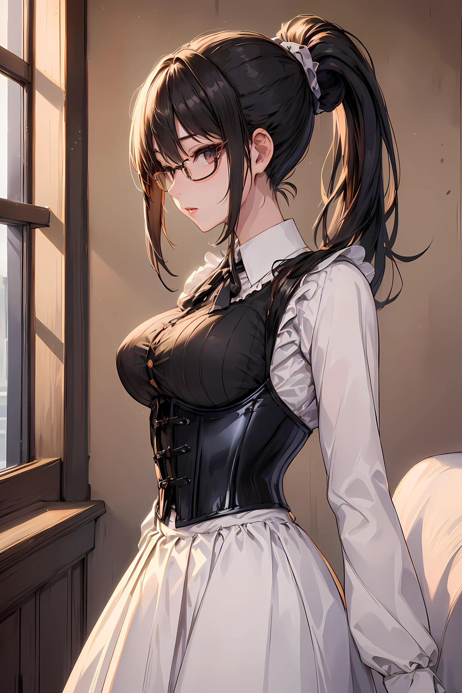 (1glasses girl:1.3, solo), (Audrey Hepburn:1.3), (a extremely pretty and beautiful Japanese woman), (sexy girl), (professional attire:1.3), (22 years old: 1.1), (from below:1.3), (low angle:1.3), (ground level shot:1.3), (girl on top:1.3), (arms behind back between legs:1.3), (attractive random posing:1.3), (in the queen's room:1.3), (look down:1.3), (starring at you:1.3), (front view:1.3), break, (ponytail:1.3), (shiny-black thin hair:1.2), bangs, dark brown eyes, beautiful eyes, princess eyes, (big eyes:1.3), bangs, wearing a glasses:1.3, Hair between eyes, short hair:1.3, (slender:1.1), (small-medium-breasts:0.95), (thin waist: 1.15), (detailed beautiful girl: 1.4), Parted lips, Red lips, full-make-up face, (shiny skin), ((Perfect Female Body)), (upper body image:1.3), Perfect Anatomy, Perfect Proportions, (most beautiful Korean actress face:1.3, extremely cute and beautiful Japanese actress face:1.3), BREAK, (View viewer, wearing a embroidery frills sexy teacher uniform, (insanely detailed classical gothic teacher outfit:1.3), (white collared blouse:1.3, long-sleeve:1.3), (corset:1.3), (black high-waist-jumper-skirt:1.3), (lace frill skirt), detailed clothes, BREAK, (detailed classy queen's room background:1.2), (dark background), (Studio soft lighting: 1.3), (fake lights: 1.3), (backlight: 1.3), BREAK, (Realistic, Photorealistic: 1.37), (Masterpiece, Best Quality: 1.2), (Ultra High Resolution: 1.2), (RAW Photo: 1.2), (Sharp Focus: 1.3), (Face Focus: 1.2), (Ultra Detailed CG Unified 8k Wallpaper: 1.2), (Beautiful Skin: 1.2), (pale Skin: 1.3), (Hyper Sharp Focus: 1.5), (Ultra Sharp Focus: 1.5), (Beautiful pretty face: 1.3), (super detailed background, detail background: 1.3), Ultra Realistic Photo, Hyper Sharp Image, Hyper Detail Image,