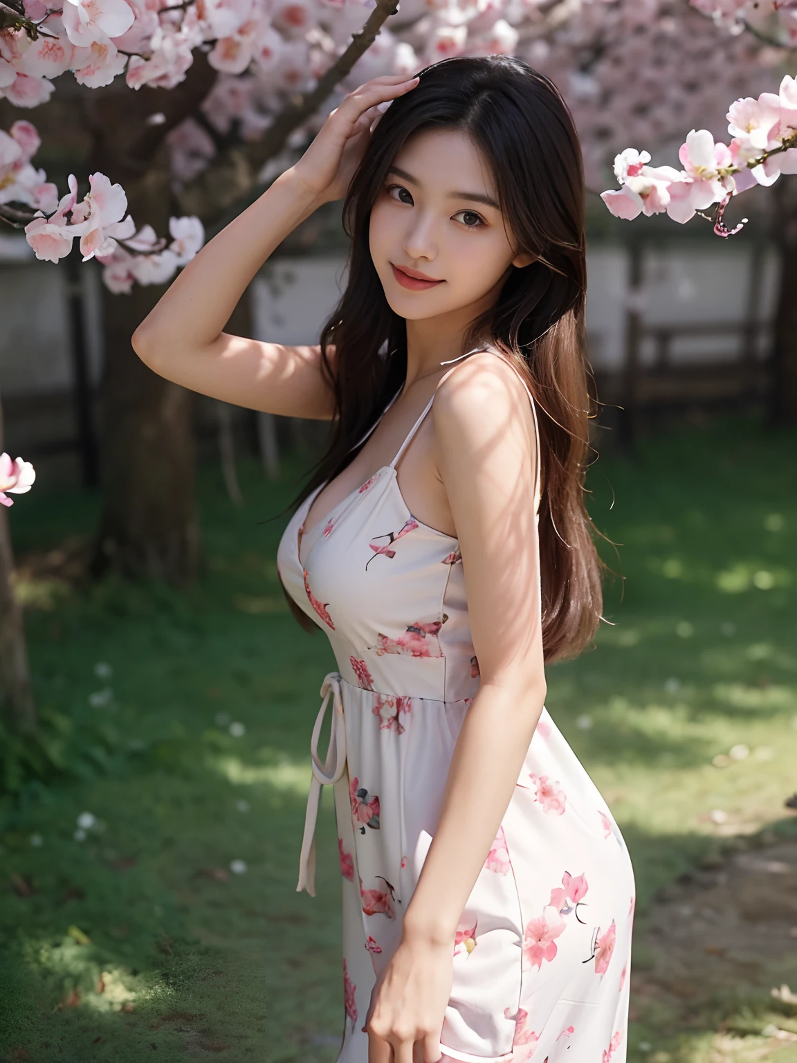 Best quality, 4K,8K,Realistic, Photorealistic, extremely detaile, An extremely delicate and beautiful, RAW photo, Japanese and Korean beauties，South Korean beauties，Wear JK, mini-skirts，Large breasts，perfect boobs，(Beautiful detailed eyes,beautiful detailed lips,Extremely detailed eyes and face,long eyelasher), Beautiful hair, joyful expressions, Surrounded by cherry blossom trees, It has a kawaii anime style, In a picturesque garden full of sunshine. The artwork is of the best quality, With ultra-detailed features and realistic, Realistic touch. vibrant with colors，The lighting creates a warm atmosphere, Dreamy atmosphere.