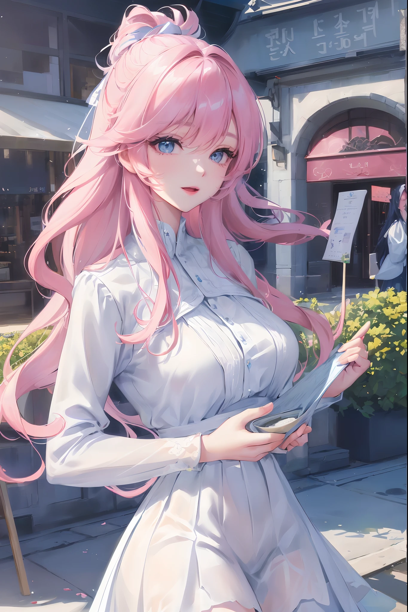 Official Art, Masterpiece, Sharp focus, (Beautiful gorgeous and lovely Korean girl: 1.3), (Beautiful and lovely Korean: 1.3), Korean beauty, Delicate and beautiful hair, Eyes and face, realisitic, A highly detailed, a beauti, blue-sky, Luminous white particles, (sidelit:1.2), sunlights, White Clouds, Clear clouds, Slim, Cute and big, big size ass, Sorrisos, ((Open your eyes when you laugh)), Landscape, Long straight hair, sexy expression, Buildings, (City view: 1.7), Dynamic Hair, Long straight hair, Delicate platinum-pink hair, sparkling blue eyes, (Blue pleated shirt + White dress), white tights, pale-skin, Hair dotted with majestic landscapes,