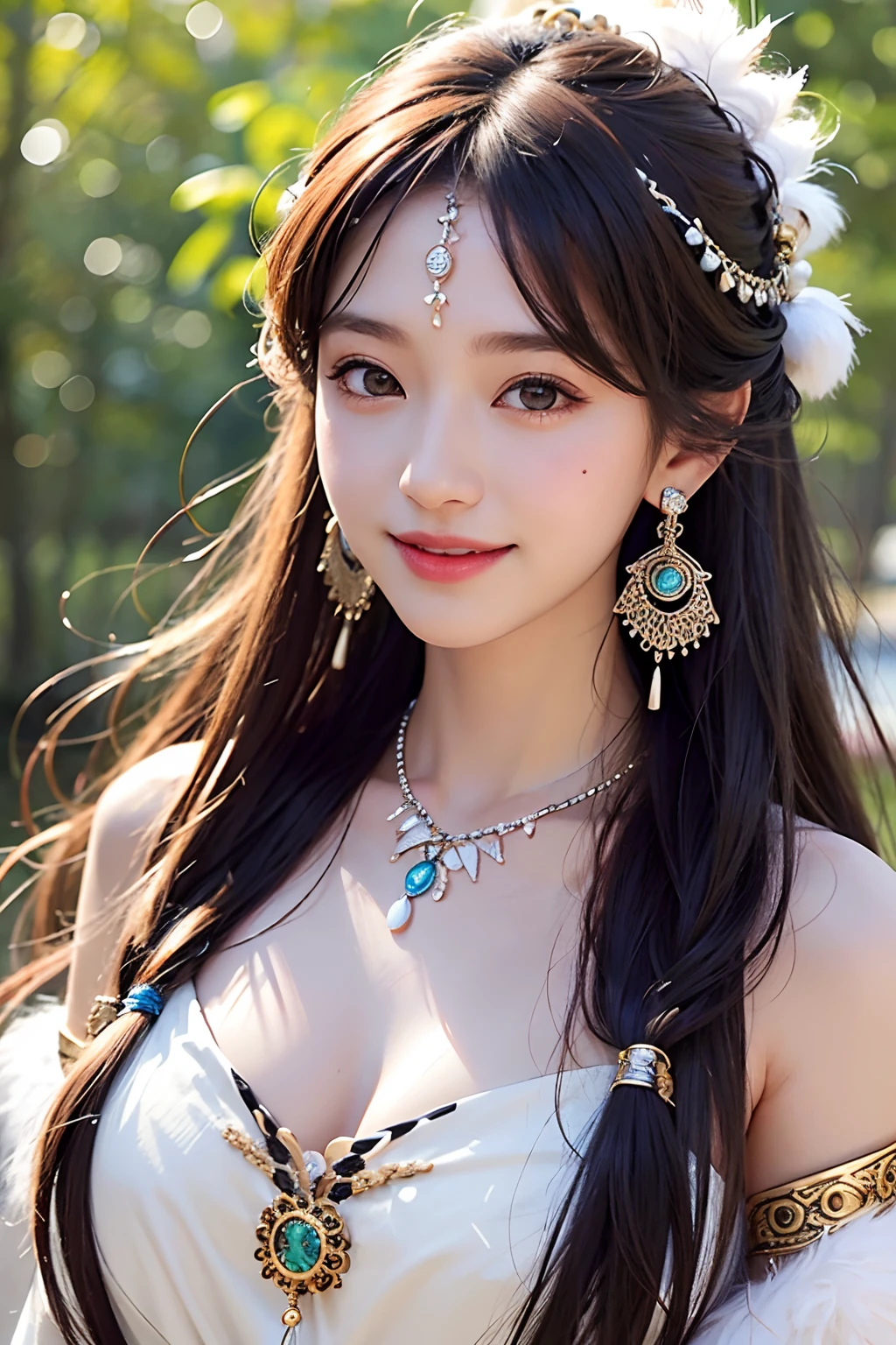 1girl、Earrings of bird feathers up to the shoulders、a necklace、Hippie style、a smile、The upper part of the body、a closeup、8k、RAW Photography、top-quality、​masterpiece、realisitic、Photorealsitic、