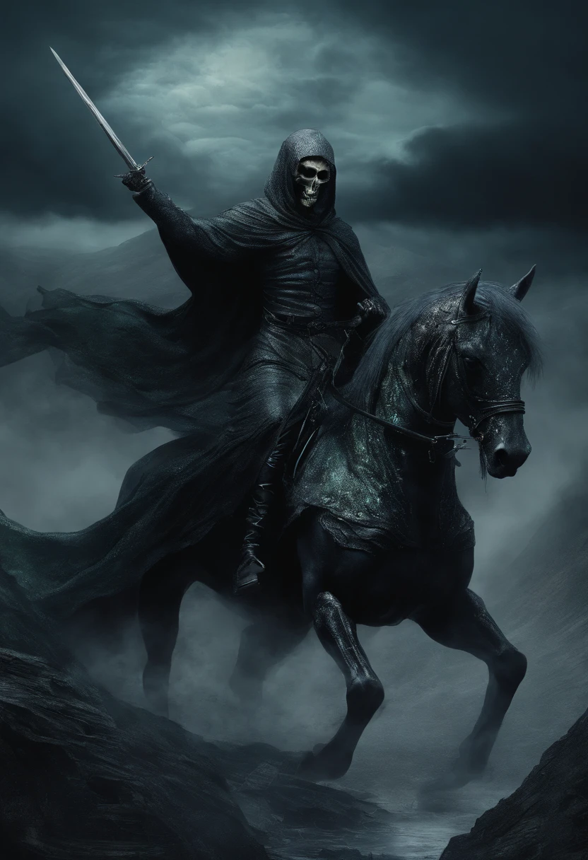 honed-undead riding a black unicorn, dark palette and flexographic Ink, dark paradise landscape background, have a ornament sword, light black and blue reversible cloak, fluid -metal-lobe, layered bob hair, ashen hair, dark fantasy atmosphere, cinematic lighting, intricate dark fantasy texture, highest quality, high resolution, 8k, detailed and fine painting, topaz,diamond, emerald, brave and daring,