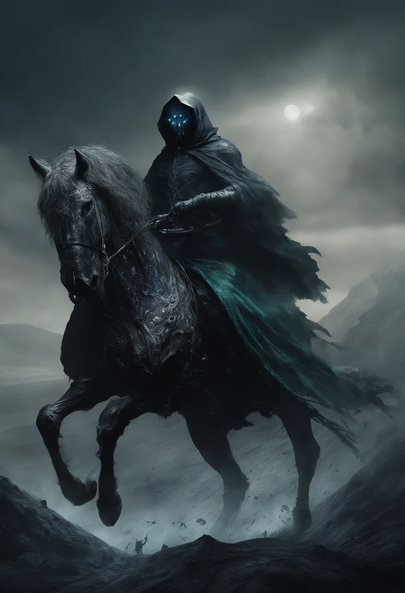 honed-undead riding a black unicorn, dark palette and flexographic Ink, dark paradise landscape background, have a ornament sword, light black and blue reversible cloak, fluid -metal-lobe, layered bob hair, ashen hair, dark fantasy atmosphere, cinematic lighting, intricate dark fantasy texture, highest quality, high resolution, 8k, detailed and fine painting, topaz,diamond, emerald, brave and daring,
