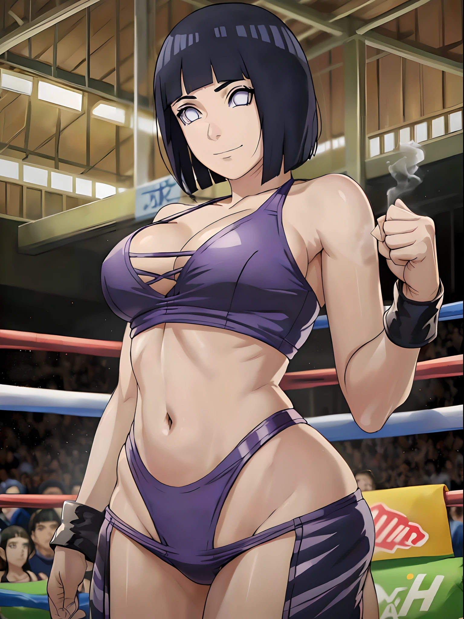 anime style, wrestling ground, (hinata\(boruto\), (female wrestler), (slender body), mature woman, milf, (bikini, pro wrestling gear) victorious, gorgeous, winner, kind face, smile, closed mouth, pale skin, shiny skin, (dark blue hair color:1.1), wavy hair, ((short hair, hime cut), big breasts, (only one arm stretching), long belly, closed fists, seductive, (perfect eyes, white sciera, bright eyes, white eyes, anime eyes, smoky eyeliner, eyeshadow)