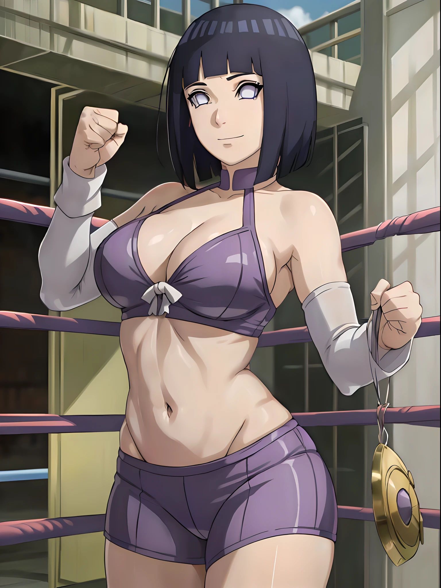 anime style, wrestling ground, (hinata\(boruto\), (female wrestler), (slender body), mature woman, milf, (bikini, pro wrestling gear) victorious, gorgeous, winner, kind face, smile, closed mouth, pale skin, shiny skin, (dark blue hair color:1.1), wavy hair, ((short hair, hime cut), big breasts, (only one arm stretching), long belly, closed fists, seductive, (perfect eyes, white sciera, bright eyes, white eyes, anime eyes, smoky eyeliner, eyeshadow)