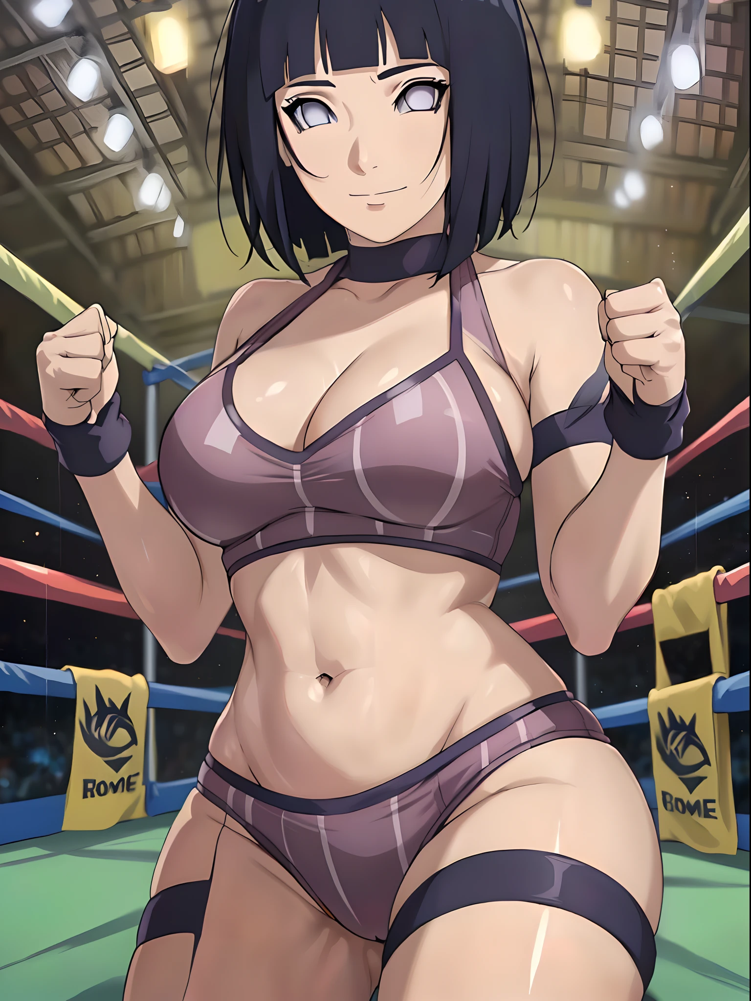 anime style, wrestling ground, (hinata\(boruto\), (female wrestler), (slender body), mature woman, milf, (bikini, pro wrestling gear) victorious, gorgeous, winner, kind face, smile, closed mouth, pale skin, shiny skin, (dark blue hair color:1.1), wavy hair, ((short hair, hime cut), big breasts, (only one arm stretching), long belly, closed fists, seductive, (perfect eyes, white sciera, bright eyes, white eyes, anime eyes, smoky eyeliner, eyeshadow)