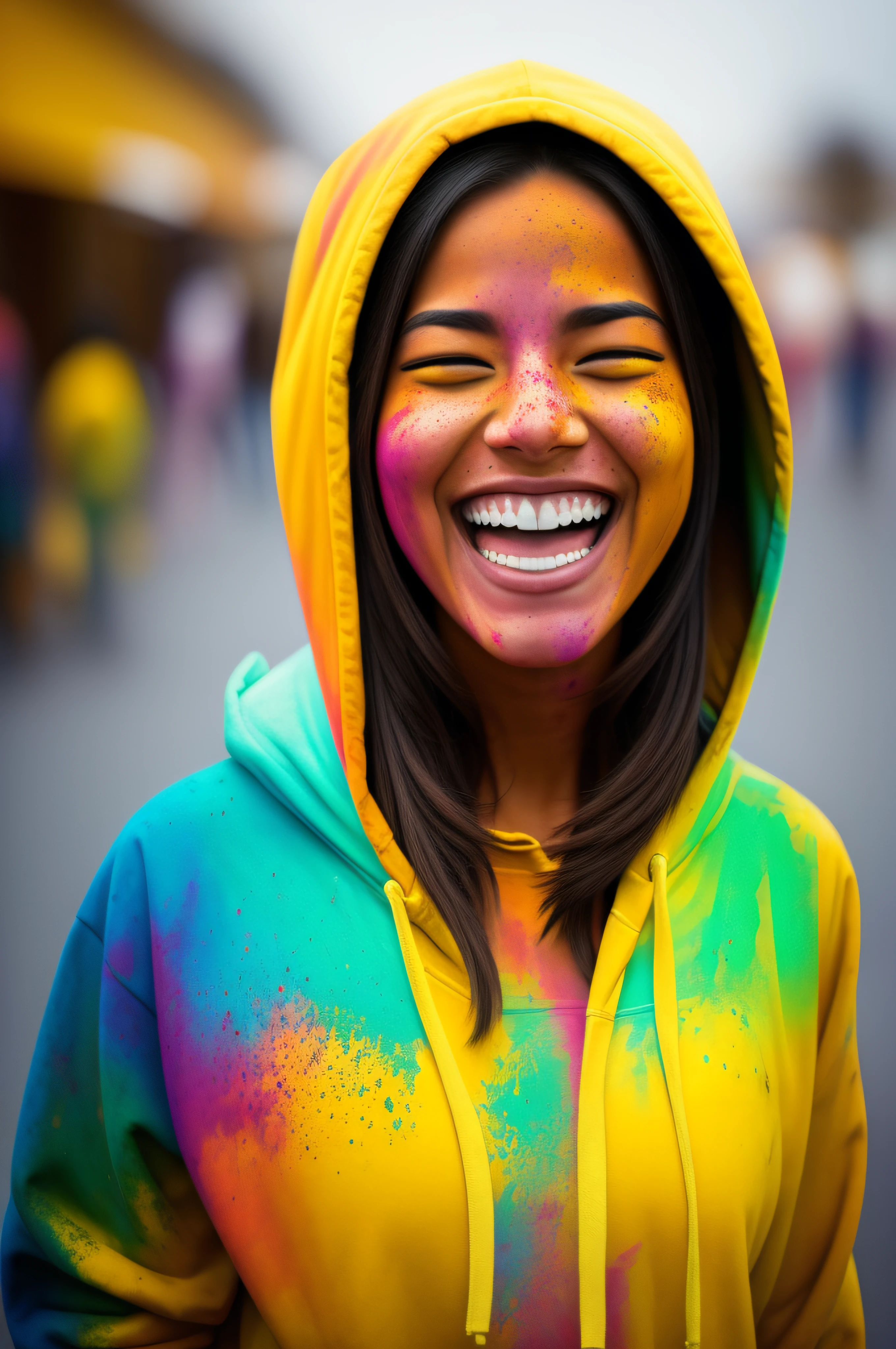 beautiful American college woman, wearing hoodie, looking at viewer, holi color festival, portrait, hyper detailed  POV, by lee jeffries, nikon d850, film stock photograph ,4 kodak portra 400 ,camera f1.6 lens ,rich colors ,hyper realistic ,lifelike texture, dramatic lighting , cinestill 800, BIG SMILE, HAPPINESS, LAUGHING, HAVING FUN, EXPLOSION OF COLORS.