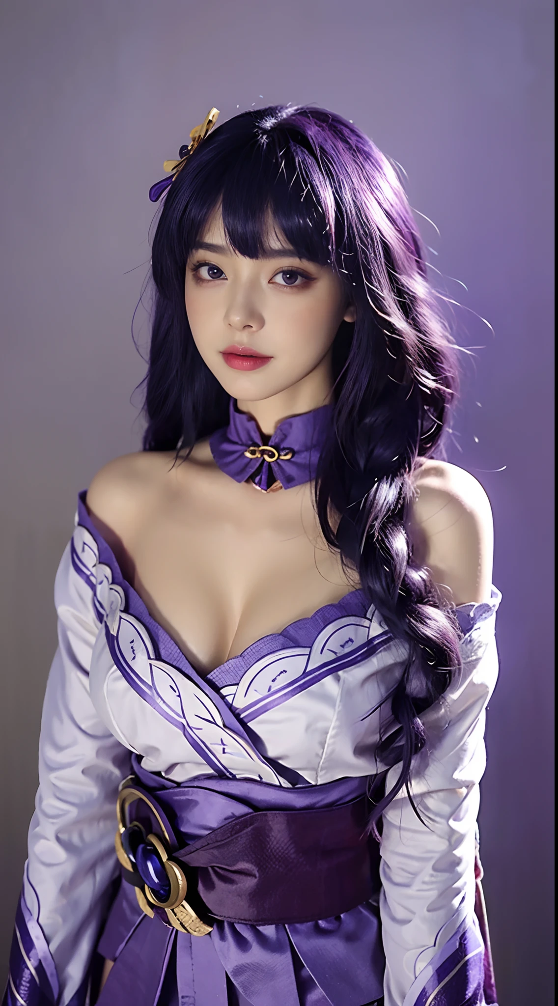 1girl, flat bangs, braids, wide sleeves, hair accessories, kimono, red belt, (purple hair:1.2), very long hair, straight hair, looking at the audience, plain white background, (realism: 1.2), detailed eyes, red eye shadow, depth of field, symmetrical eyes, cleavage, dancing, (masterpiece, top quality, best quality, official art, beauty and aesthetics: 1.2), (1 girl), extreme detail, (fractal art: 1.5), highest detail, [blue feathers|purple feathers] hair, Very long hair, (scattered), (flowing hair: 1.5), hair background, bare shoulders, (collarbone: 0.9), smile, big breasts, 36d, big breasts, sexy, buttocks, hot, big breasts, cleavage, big tits, detailed, white background