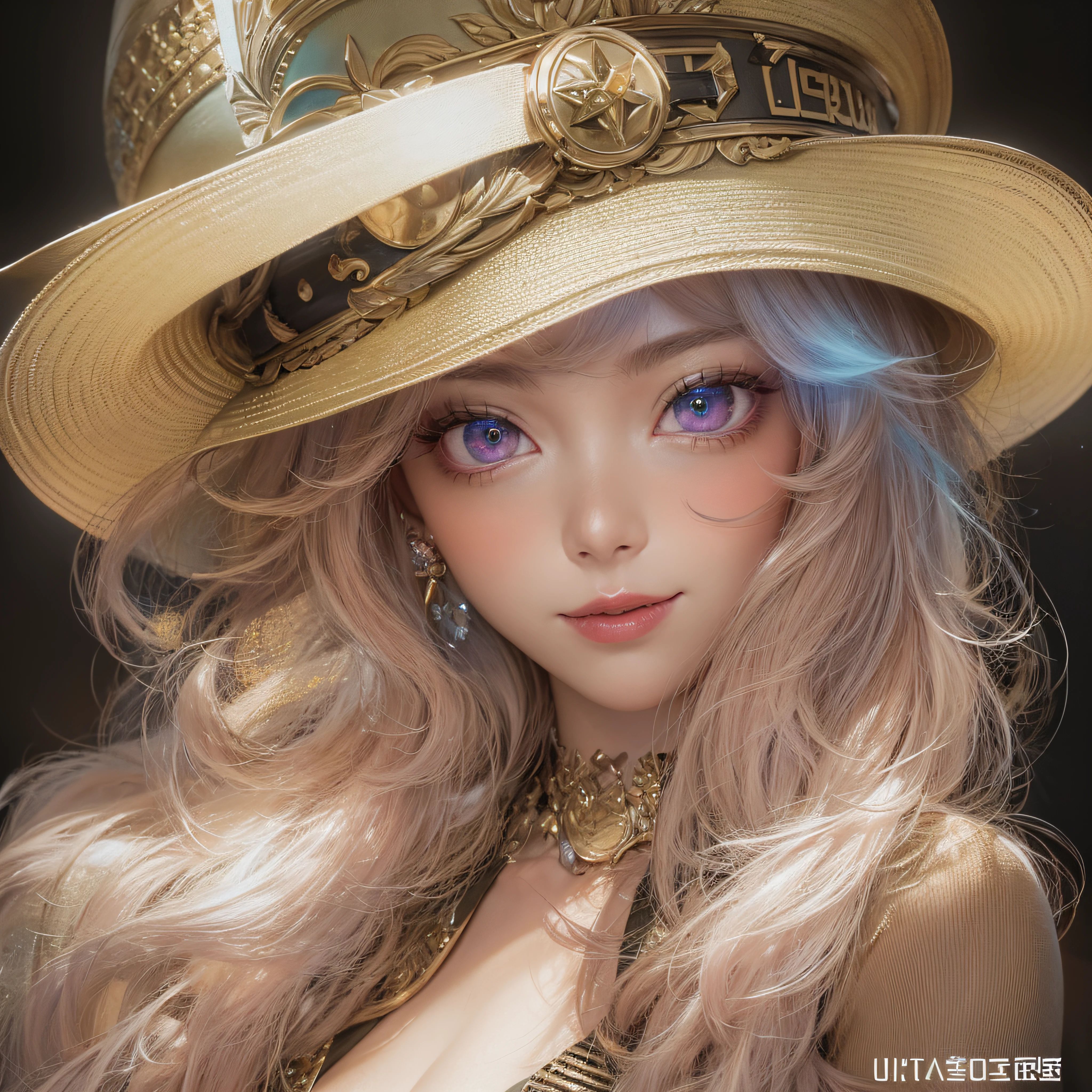 Casino Roulette Hat、close-up of the smile face、close-up of the smile face、Designer、super model、makeup、Glossy lips、Shining eyes、(realisitic、hight resolution)、(1 girl in)、Do-Up Eye、Korean Girl、(Best Quality), (masutepiece), (1girl in), Solo, a beauty girl, Perfect face, Highly detailed airbrush art((Surreal))、Volumetric lighting、(top-quality)、The ultra-detailliert、Highly detailed colorful details、(Bright lighting)、dynamic compositions、ultra-detailliert、nffsw、Her eyes are glowing pink、Background Casino、bill、