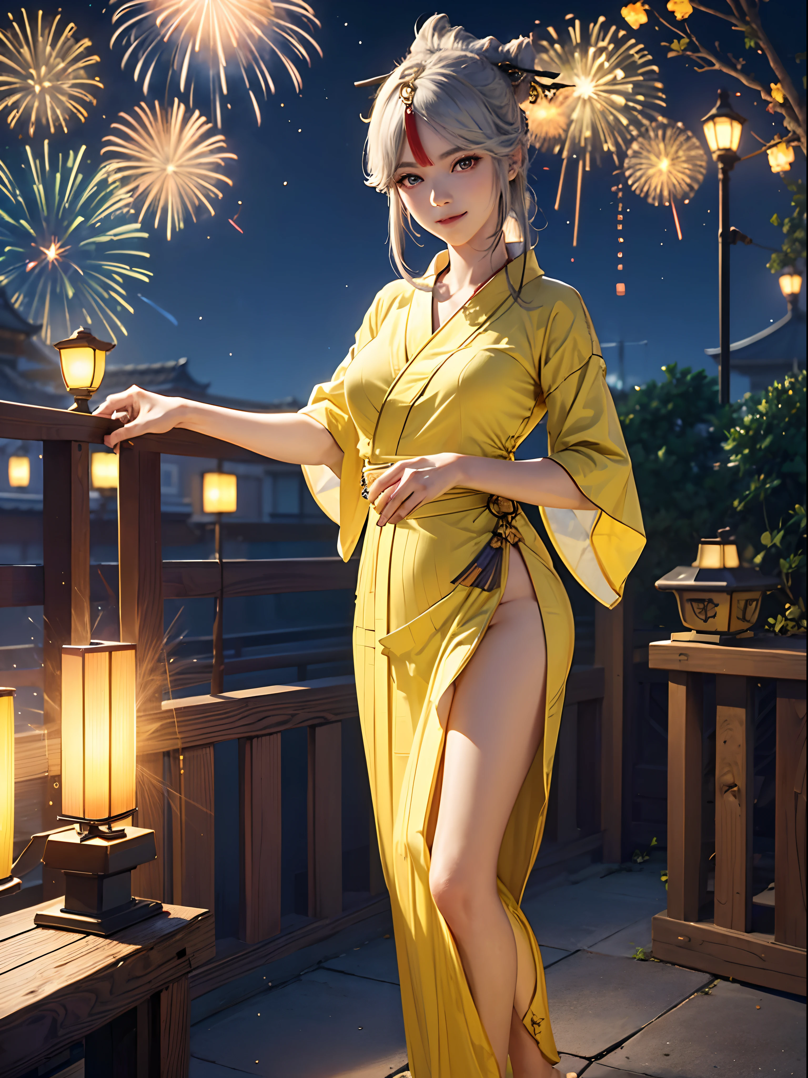 Ningguang (genshin impact), wearing a (((short yellow yukata))),((transparent)), extremely detailed, masterpiece, realistic anime, 4k, hd wallpaper, blue eyes, smiling, standing, stalls, night sky fireworks, 19 year old girl