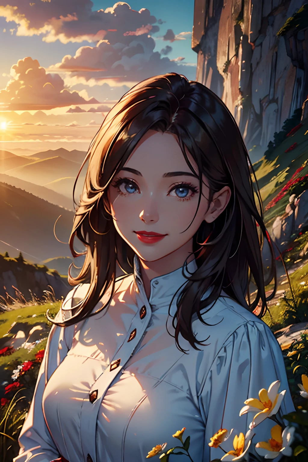 bush, cliff, cloud, cloudy_sky, day, lens_flare, light_rays, mountain, nature, outdoor, landscape, sky, Sunlight, sunset, smiling, (masterpiece, best quality:1.2), detailed face, detailed eyes, elegant woman, red lipstick,fit body,cool hair,mature,full body,shy smile,