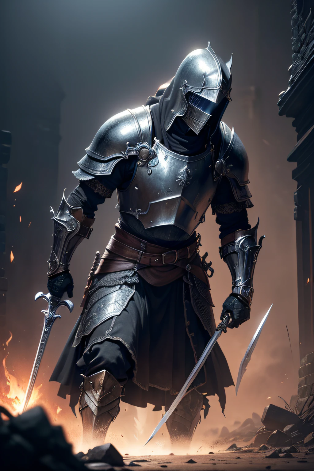 (8k unit wallpaper CG extremely detailed, masterpiece, best quality, ultra-detailed), (((solo))), ((wide shot:1.5)), (a paladin with a legendary sword), (themed background), medieval, magnificent scene, dark sinister environment, (dark Souls 3, illustrator, (best illustration)