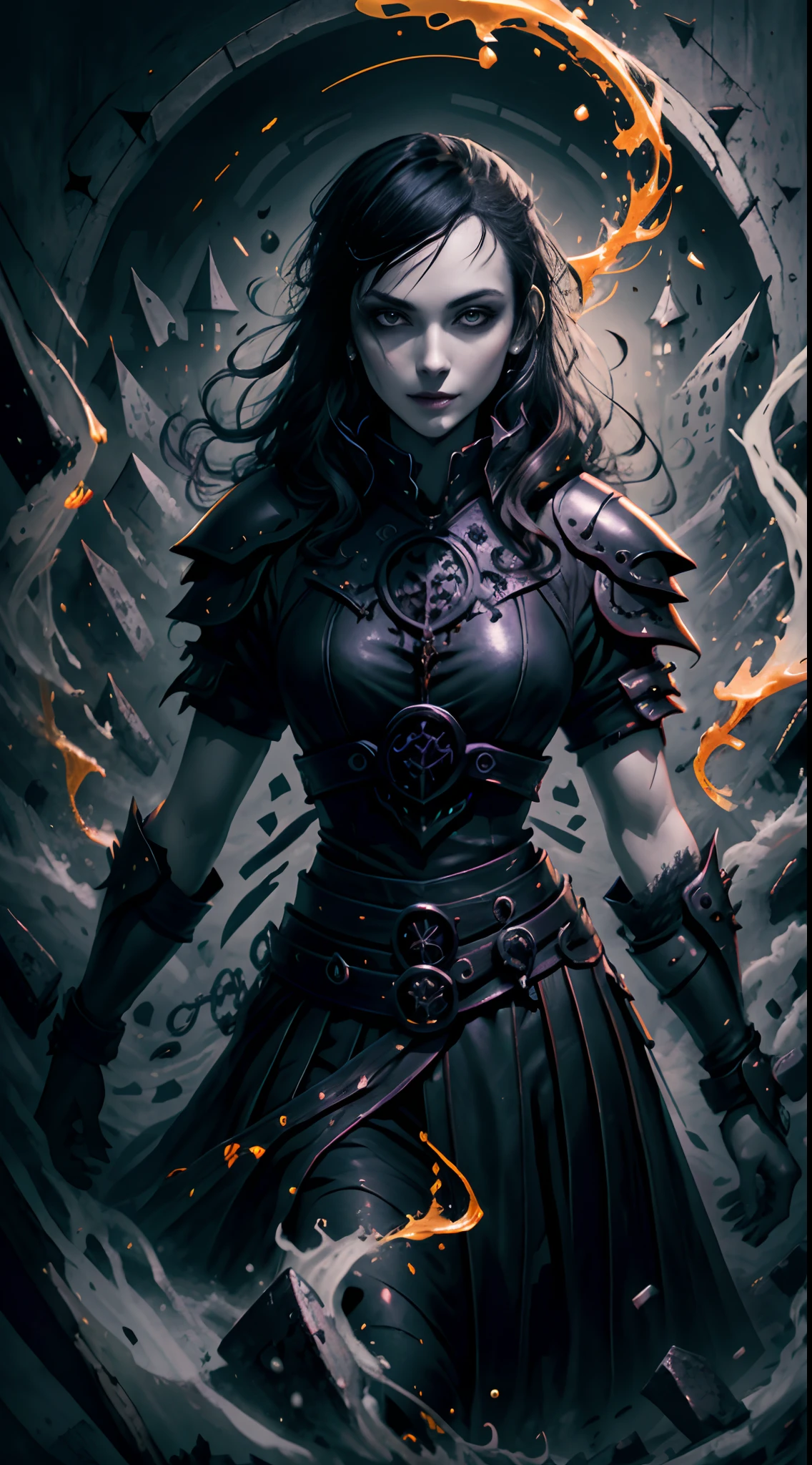 A epic wallpaper of a woman, vampire, goth style, black haired, dark leather armor, Village, shadows, dark yellow eyes, splash arts, aesthetic for Tshirt design, highly detailed, medieval, darkness, blood