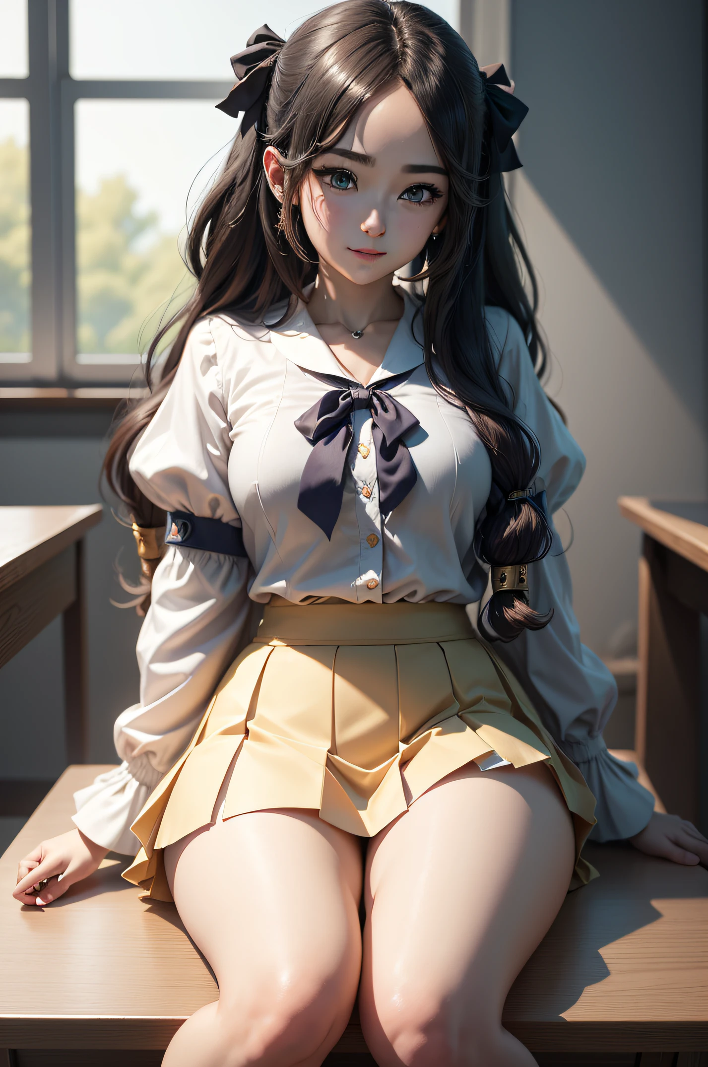 A girl in a school uniform sits at a school desk, Girl at school, The girl put her hand on the table, (side-view), short skirt, white blouse, little chest, Miniature figure, model figure, Slim waist, confusion, sexuality, Cute beautiful anime woman, detailed digital anime art, beautiful anime girl, beautiful anime girl, Anime with small details, Best Quality, Masterpiece, Ultra-detailed, Beautiful, hight resolution, Original,CG 8K ультрареалистичный, perfect artwork, beatiful face, Face Clean, Skin, hyper realistic, Ultra Detailed, A detailed eye, dramatic  lighting, (Realistic) Realistic, Full HD, Best Quality, Best Quality, Beautiful lighting, (8k wallpaper of extremely detailed CG unit), High Details, sharp-focus, The art of dramatic and photorealistic painting, beautiful smile, pectorals, little chest, microskirt, tinyskirt, ((SFW)),