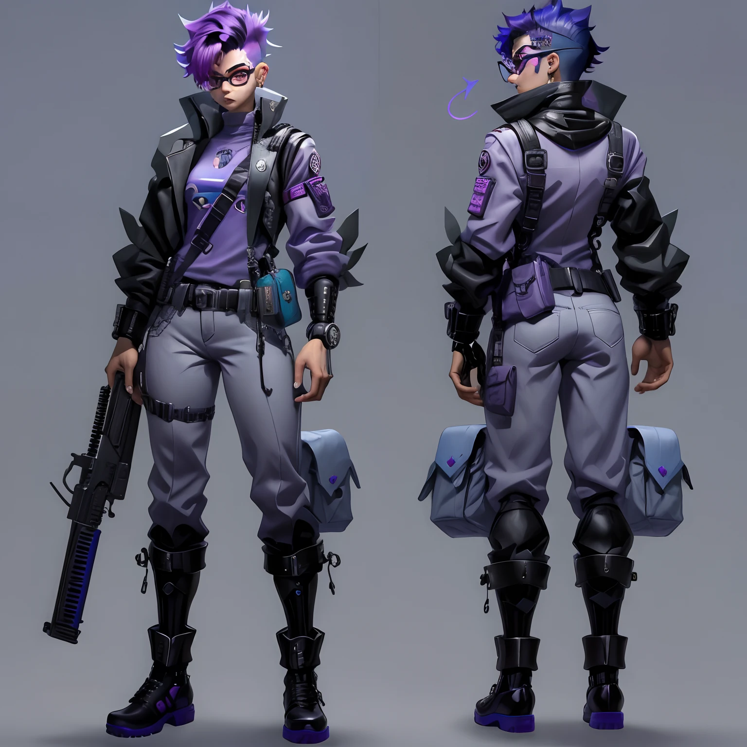 um close up de uma pessoa com uma arma e uma mochila, arte conceitual detalhada de corpo inteiro, arte conceitual de personagem de corpo inteiro, arte conceitual de corpo inteiro, arte conceitual colorida, design de personagem feminino, full body character concept, Personagem de arte conceitual de RPG, arte do personagem masculino humano, conceito detalhado de corpo inteiro, ( ( arte conceitual do personagem ) ), Design de personagem de corpo inteiro, arte conceitual do personagem do jogo, personagem anime de uma soldado feminina com uma arma e um desenho de uma mulher com rosto com queixo fino, nariz fino e olhos grandes, e um rosto oval meio redondo, Ela parece uma mistura de Grimes, parece uma mistura de grimes, assemelhando-se a uma mistura de grimes, parece uma mistura de grimes, 19 anos, androgynous person, piercings e um moicano, short purple hair with messy undercut, brincos enormes, Cords and queer makeup, acid pixie, Molly do romance Neuromancer