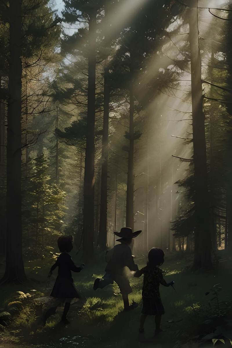 Shadow of three children playing in a forest.