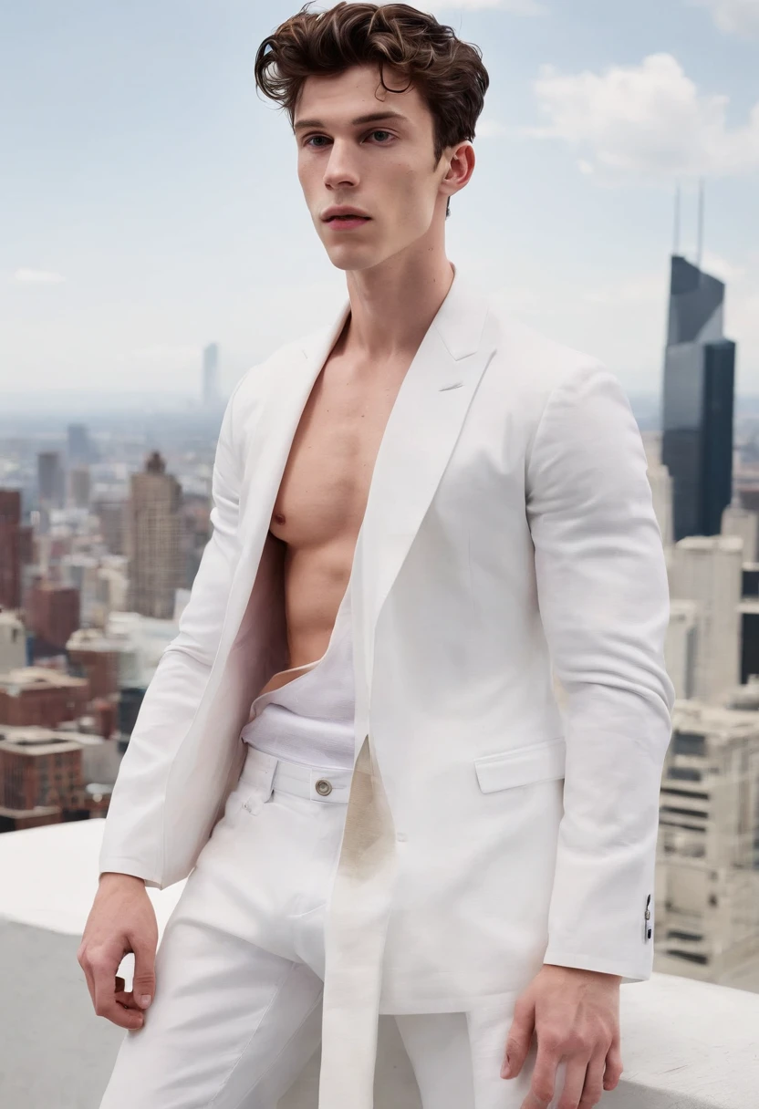 redshift style Shawn Mendes grown into a 1,000 foot tall barefoot shirtless giant wearing white boxer briefs towering over a downtown city