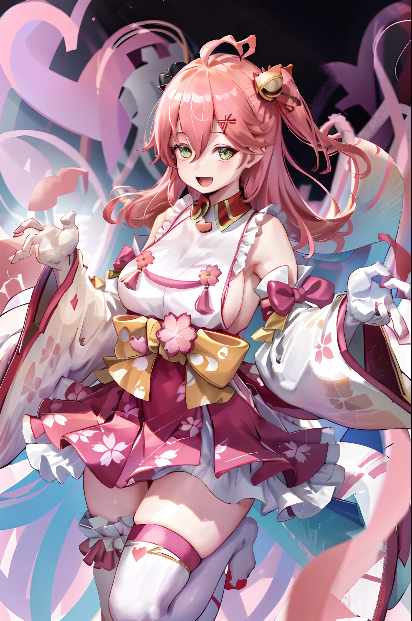masterpiece, best quality, highres, miko1, sakura_miko, 1girl, green eyes, solo, ahoge, x_hair_ornament, pink_hair, floral print, hairclip, (sideboob:1.4), hair_bell, floral print, long_hair, hair between eyes, one side up, white thighhighs, asymmetrical legwear, wide sleeves, open_mouth,happy,close_eyes, smile,dynamic_posing,rising_leg,plump,apart_legs,(heart_shaped_hands:1.5),hands_in_front_of_girl,(beautiful_fingers),(palm)