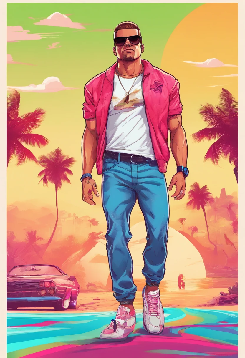 Masterpiece, Best Quality, suntanned skin, looking a viewer, sports clothing, leggins, walking on the beach , in sneakers, Simple background with logo, From Bottom, Sunglasses, torn jeans