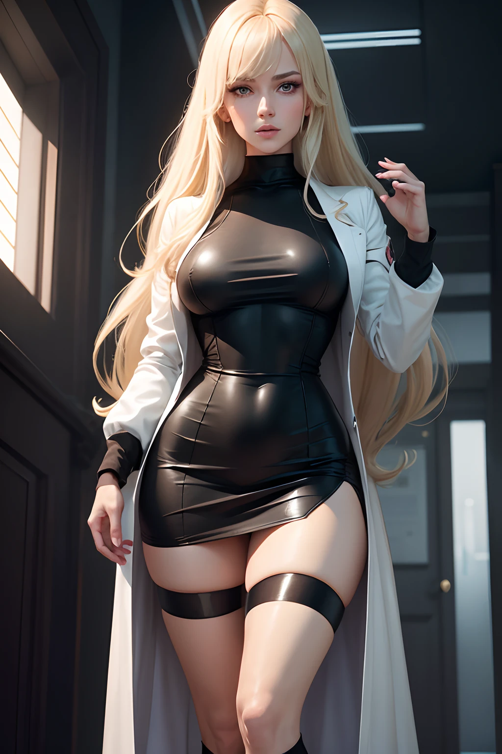 Dr. Amelia Buck is a beautiful Caucasian woman with long blonde hair that reaches her lower back, accompanied by side-swept bangs. She stands tall and possesses a slim physique. Her attire consists of a black turtle neck one-piece dress that ends just above her knees. To complete her professional look, she wears a pristine white lab coat over her dress. The lab coat is worn open, allowing her dress to peak through. Paired with her outfit are thigh-high boots that have medium heels, adding a touch of elegance to her appearance.