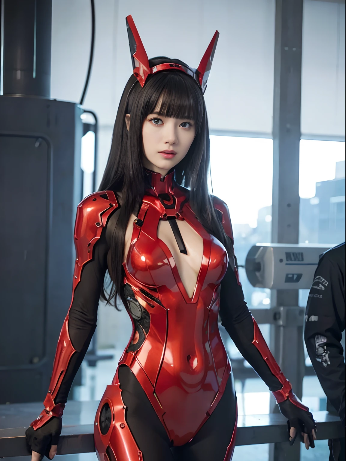 (Fight against mechanical robot soldiers)、top-quality、masterpiece、超A high resolution、(Futuristic machine gun、holding knive),(Wearing a futuristic hat)、(Photorealsitic:1.4)、Raw photo、1人、Black hair、glowy skin、((1 Mechanical Girl))、((super realistic details))、portlate、(Small LED lamp)、Wire tubes that glow all over the body、(With state-of-the-art weapons),globalillumination、Shadow、octan render、8K、Armpit、ultrasharp、Colossal tits、Small LED lamp、Raw skin is exposed in cleavage、metals、blood vessels connected to tubes、With weapons、Red bodysuit、Armpit、Cyberpunk city background、Details of complex ornaments、Japan details、highly intricate detail、Realistic light、CGSoation Trends、Blue eyes、radiant eyes、Facing the camera、neon details、(Helmet of the Brave)、Mechanical limbs、blood vessels connected to tubes、Mechanical vertebrae attached to the back、mechanical cervical attaching to neck、Wires and cables connecting to the head、Gundam、Small LED lamp、Toostock、Toostock、Futuristic machine gun、Knives、(Red Metallic Bodysuit),