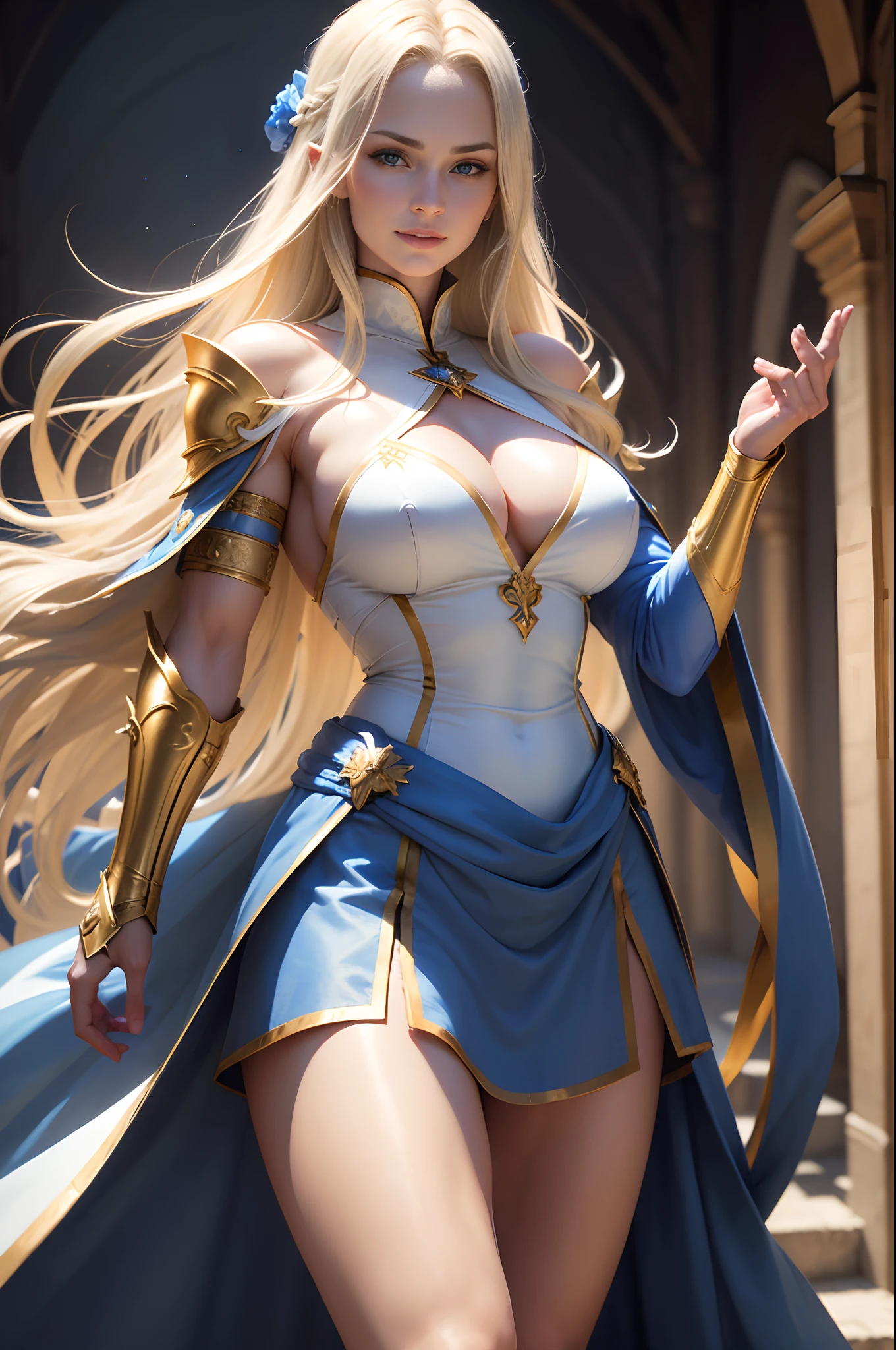 8K,Photorealsitic Raw photography top-quality;1.4) (1 Mature Saint) Super beauty fighting(Lifelike face) Blue and white sacred robe and blue and white long skirt Golden decorations and gauntlets long blonde hair and blue eyes Muscular macho slender body mature woman A smile Clergy Beautiful expression 超A high resolution A hyper-realistic real looking skin fight