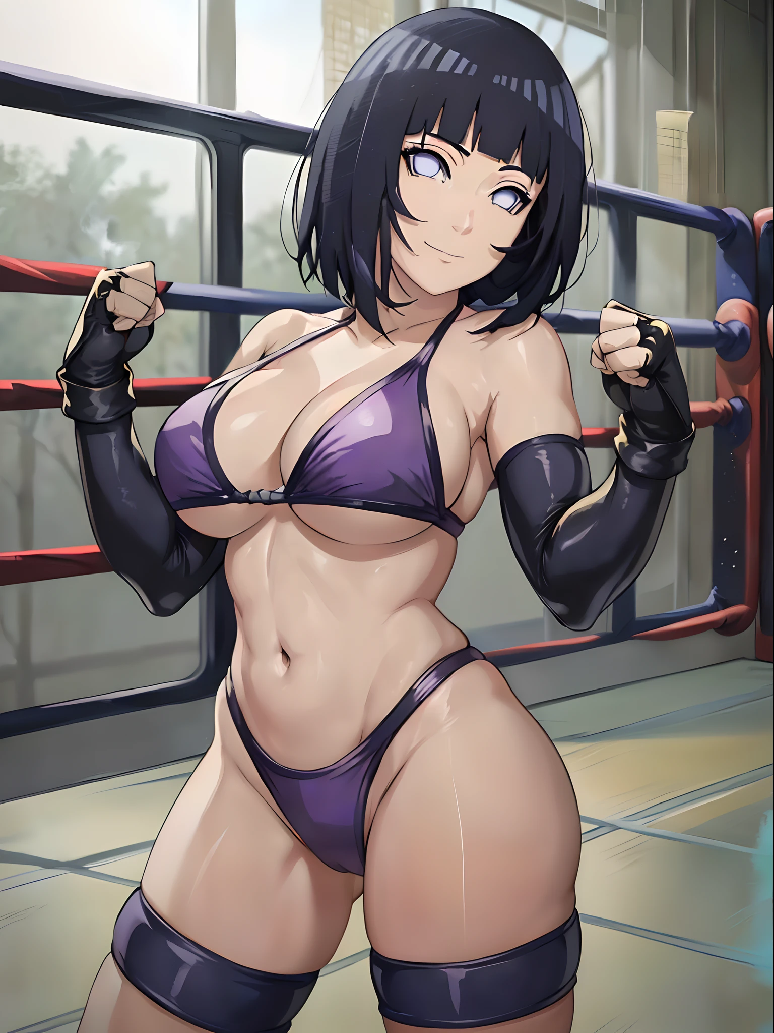 anime style, wrestling ground, (hinata\(boruto\), (female wrestler), (slender body), mature woman, milf, (bikini, pro wrestling gear) victorious, gorgeous, winner, kind face, smile, closed mouth, pale skin, shiny skin, (dark blue hair color:1.1), wavy hair, ((short hair, hime cut), big breasts, (only one arm stretching), long belly, closed fists, seductive, (perfect eyes, white sciera, bright eyes, white eyes, anime eyes, smoky eyeliner, eyeshadow)