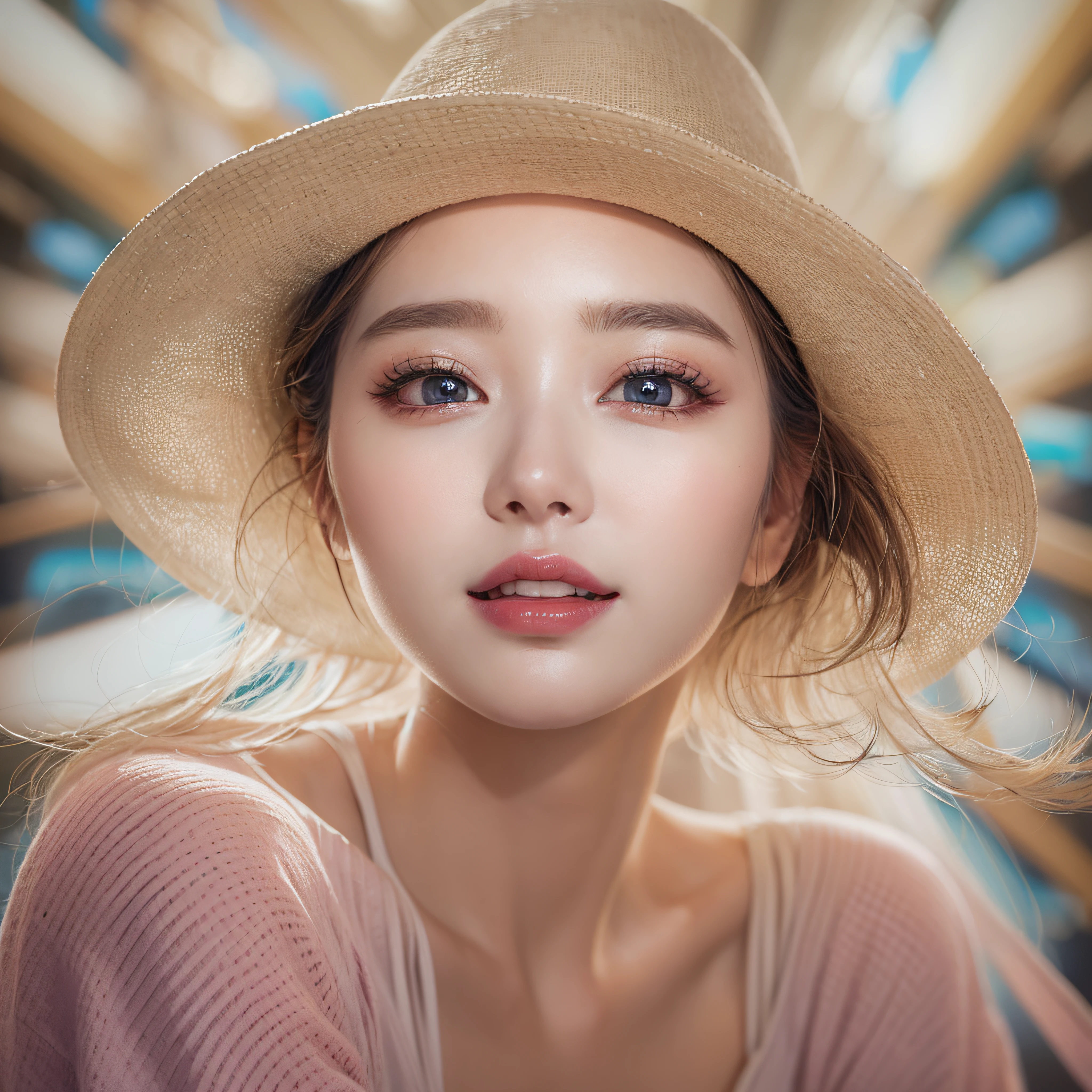 Broadway Hat、close-up of the smile face、close-up of the smile face、Broadway Designer、Broadway Supermodel、makeup、Glossy lips、Shining eyes、(realisitic、hight resolution)、(1 girl in)、Do-Up Eye、Korean Girl、(Best Quality), (masutepiece), (1girl in), Solo, a beauty girl, Perfect face, Highly detailed airbrush art((Surreal))、Volumetric lighting、(top-quality)、The ultra-detailliert、Highly detailed colorful details、(Bright lighting)、dynamic compositions、ultra-detailliert、nffsw、Her eyes are glowing pink、Background Broadway、