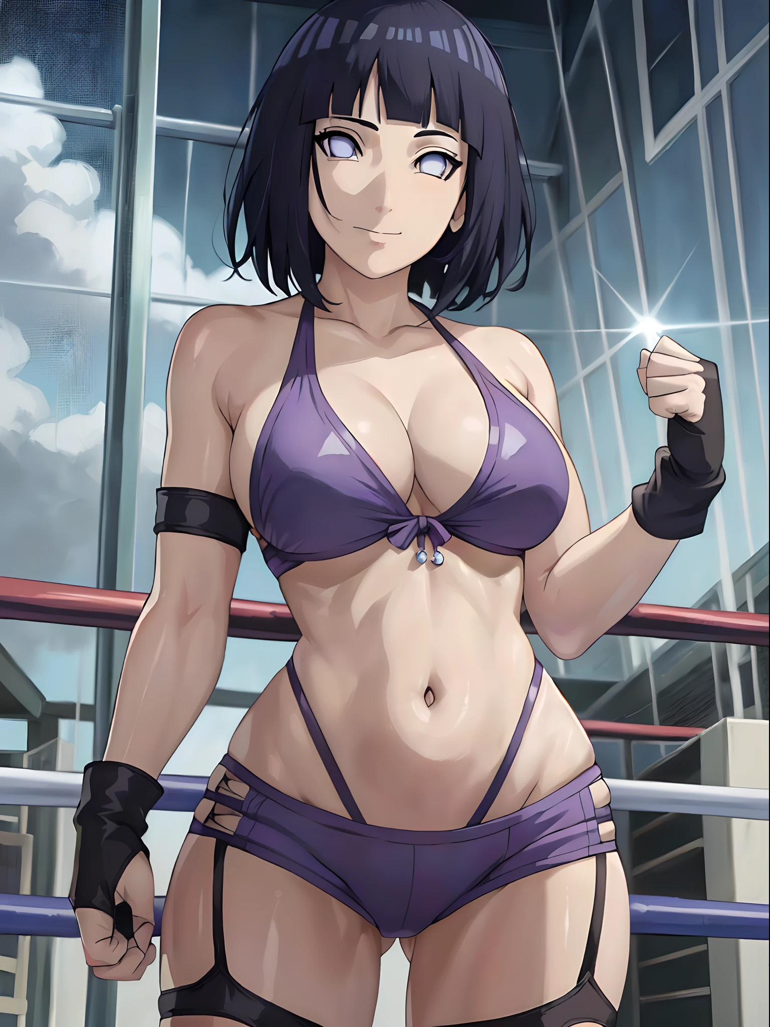 anime style, wrestling ground, (hinata\(boruto\), (female wrestler), (slender body), mature woman, milf, (bikini, pro wrestling gear) victorious, gorgeous, winner, kind face, smile, closed mouth, pale skin, shiny skin, (dark blue hair color:1.1), wavy hair, ((short hair, hime cut), big breasts, (only one arm stretching), long belly, closed fists, seductive, (perfect eyes, white sciera, bright eyes, white eyes, anime eyes, smoky eyeliner, eyeshadow)