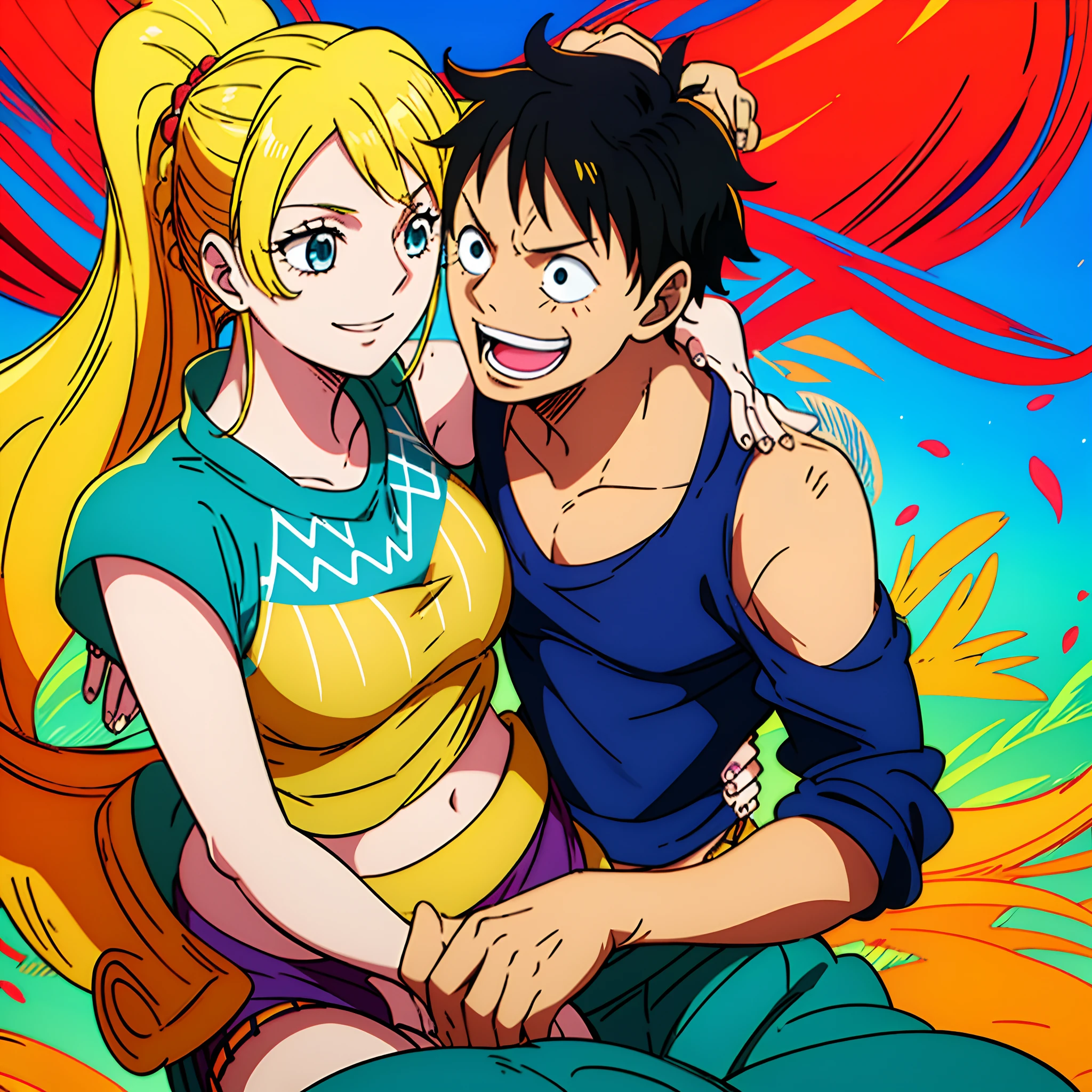 masterpiece, best quality, 1girl, alicetaria,blonde hair, long hair, ponytail, blue eyes, blue shirt, pleated skirt, solo, simple background, bikini, beach, alicetarian and luffy, husband and wife, couple happy in a beach, , purple hair,1boy, sitting in couple, affection, love,relationship, lovey dovey, happy, hug, smile, 2character, 1Boy, monkey d, luffy, one piece, luffy with pants and pullover