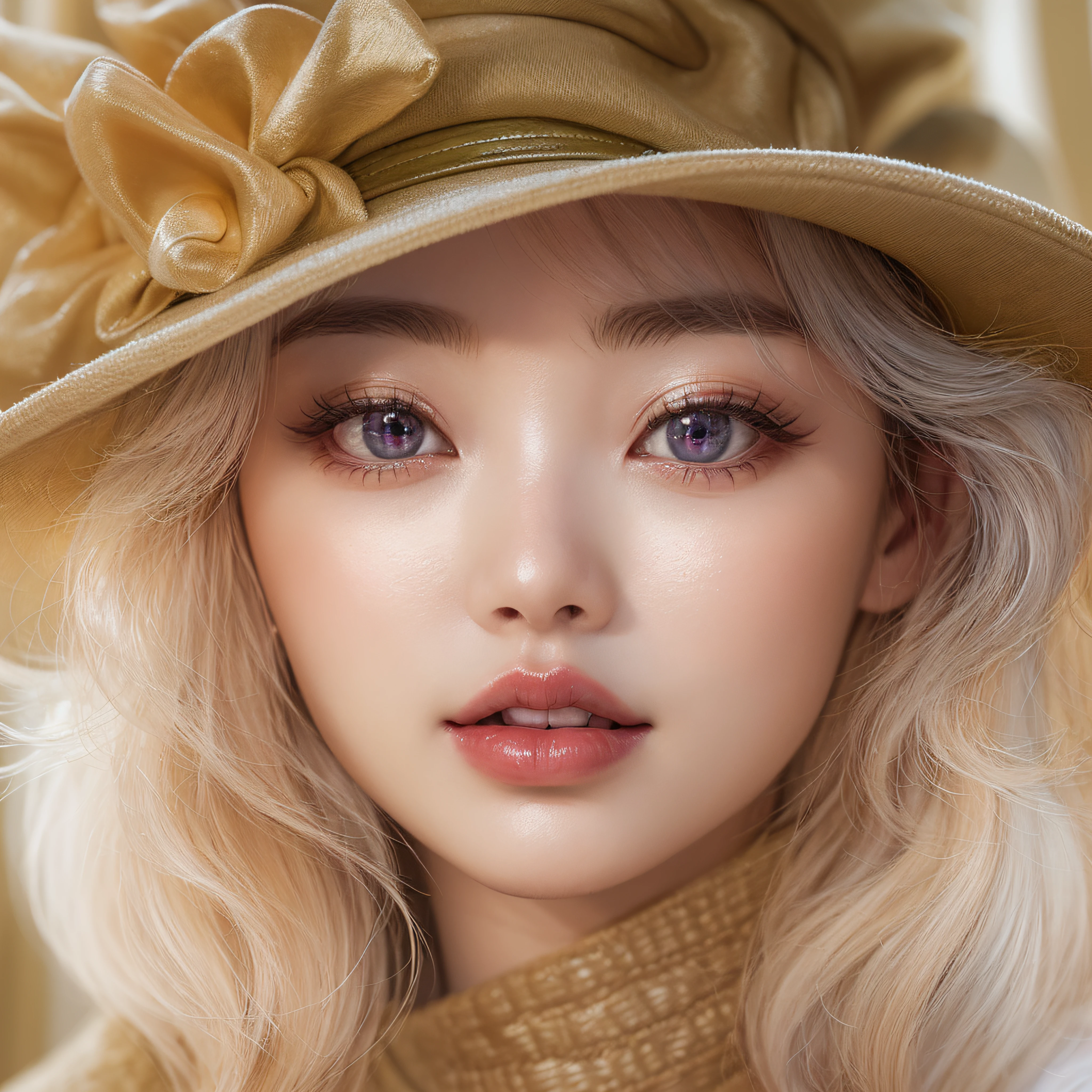 Broadway Hat、close-up of the smile face、close-up of the smile face、Broadway Designer、Broadway Supermodel、makeup、Glossy lips、Shining eyes、(realisitic、hight resolution)、(1 girl in)、Do-Up Eye、Korean Girl、(Best Quality), (masutepiece), (1girl in), Solo, a beauty girl, Perfect face, Highly detailed airbrush art((Surreal))、Volumetric lighting、(top-quality)、The ultra-detailliert、Highly detailed colorful details、(Bright lighting)、dynamic compositions、ultra-detailliert、nffsw、Her eyes are glowing pink、Background Broadway、