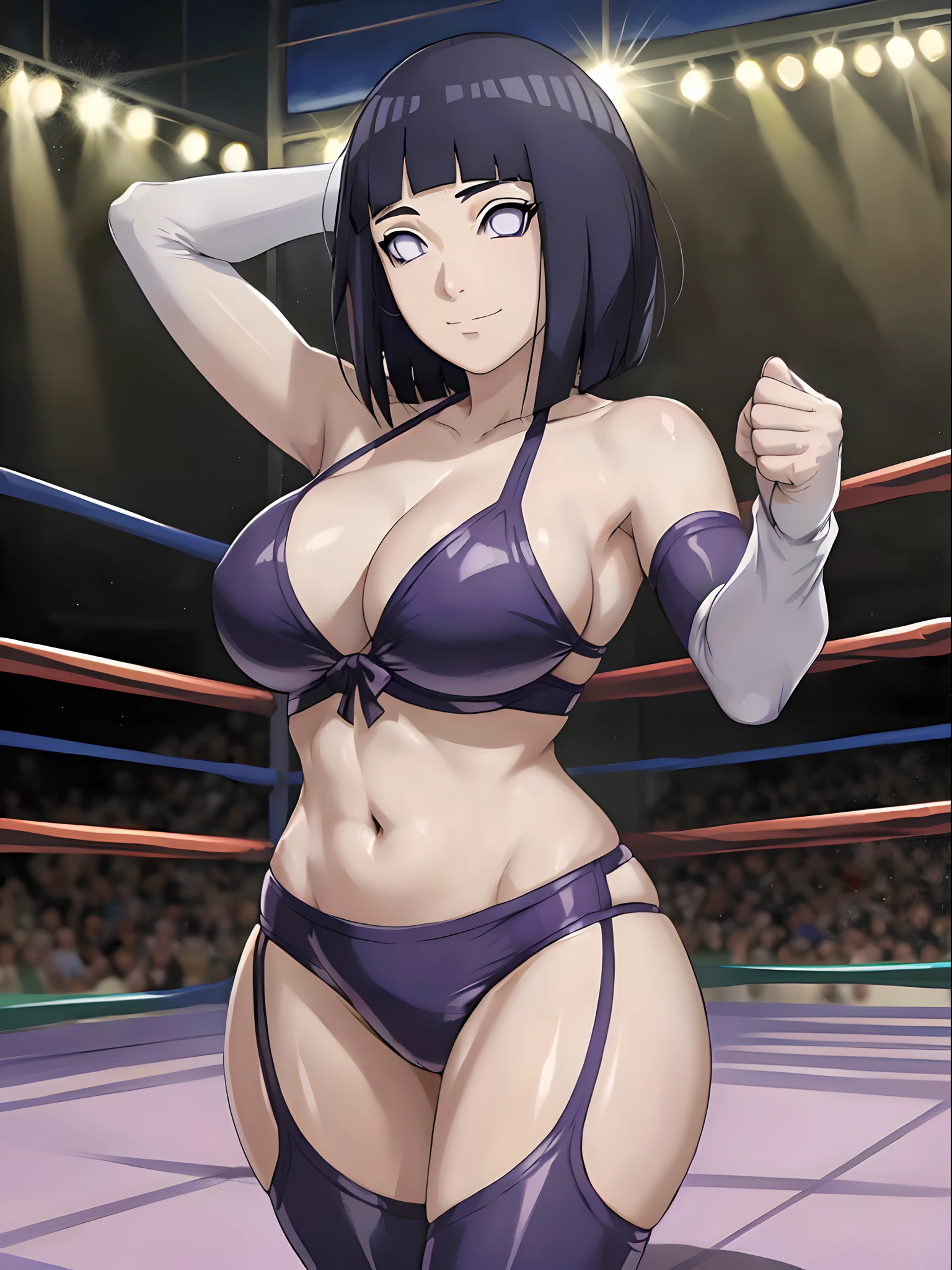 anime style, wrestling ground, (hinata\(boruto\), (female wrestler), (slender body), mature woman, milf, (bikini, pro wrestling gear) victorious, gorgeous, winner, kind face, smile, closed mouth, pale skin, shiny skin, (dark blue hair color:1.1), wavy hair, ((short hair, hime cut), big breasts, (only one arm stretching), long belly, closed fists, seductive, (perfect eyes, white sciera, bright eyes, white eyes, anime eyes, smoky eyeliner, eyeshadow)