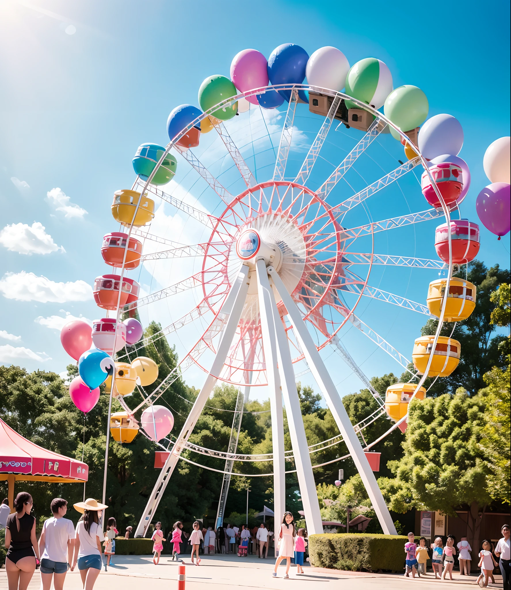 A joyous amusement park，and the sun was shining brightly，Balloons flying，The children laughed，There is a huge Ferris wheel in the amusement park，Portrait Photogram，7 year old girl，（Transparent 0.01）比基尼，Natural soft light，Mid-range lens，8k sexy girl pose, Very sexy pose, Tease