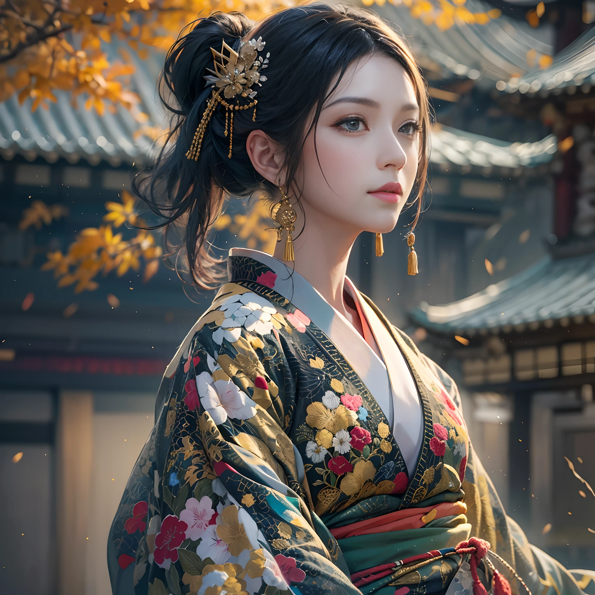 watching at viewers、Ancient capital and moon in the background、Dense background、poneyTail、Woman with shiny black hair、{{{Luxury kimono(Colorful kimono(Detailed golden embroidery,))}}}、face perfect,Depict a beautiful and graceful woman of Japan。Heart in the eye。full body Esbian。 Wallpaper 8K, .Blur the background with a sickle,((masutepiece)), ((Best Quality))