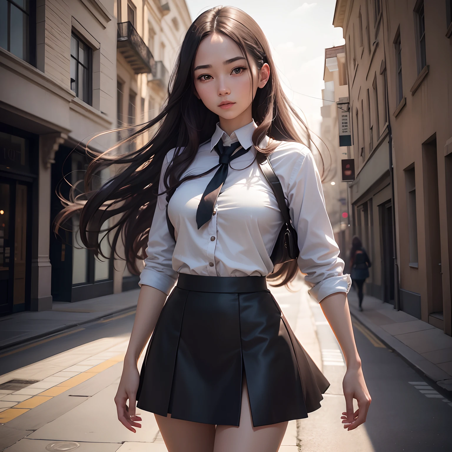 Young woman at 25: 1.3, Long hair: 1.2, Professional skirt: 1.2, Daytime: 1.2, Square: 1.2, cinematic lighting, Surrealism, UHD, ccurate, Super detail, textured skin, High detail, Best quality, 8k