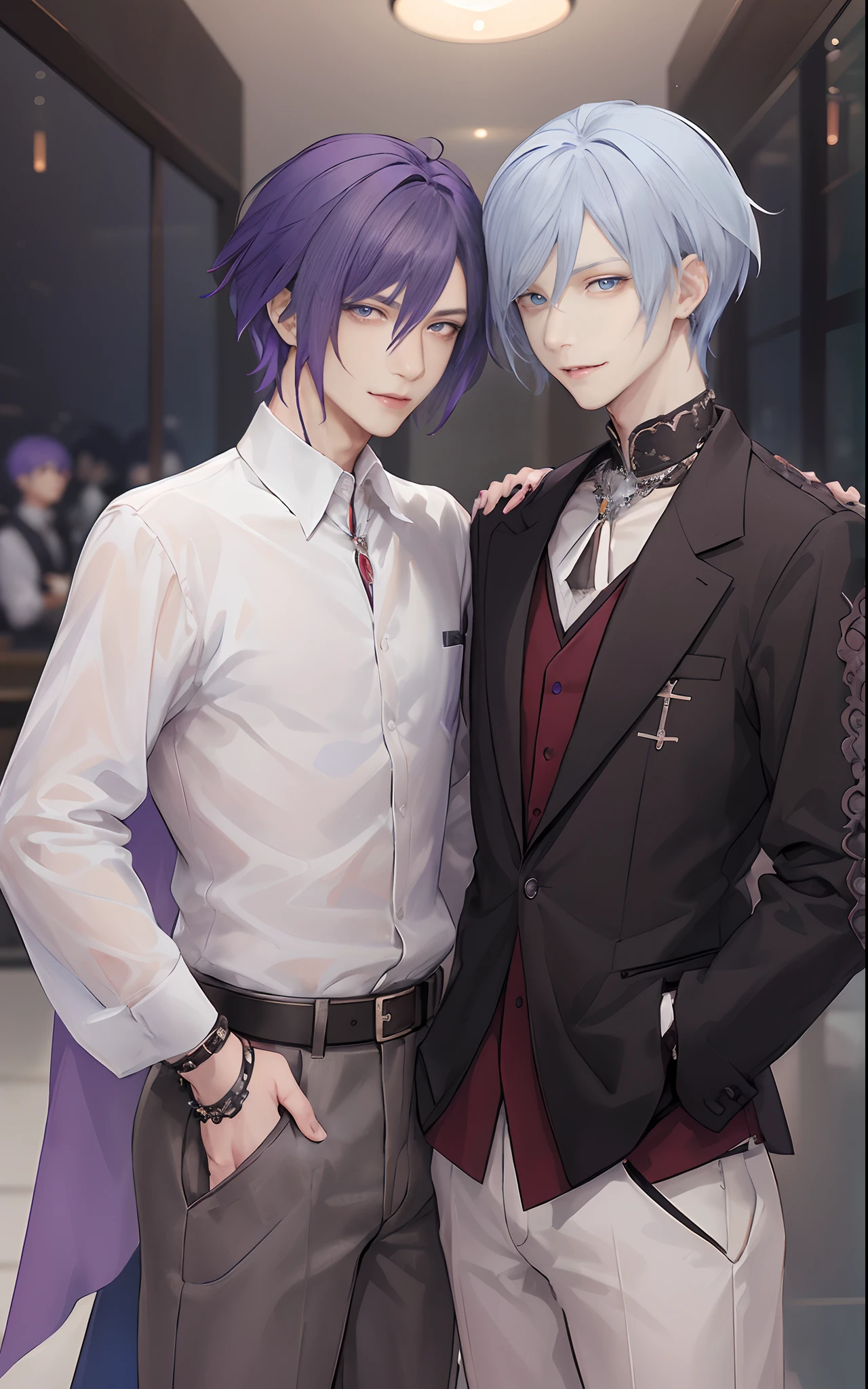 masterpiece, top-quality, 2Others, Male couple, 1 man and 1,, Adults, Height difference, different fashion, different color, finely eye and detailed face, intricate detailes, Casual clothing, window, A smile, Happiness, tenderness, queers, Boys Love, high-level image quality、 selfee, Two beautiful men、tall、The upper part of the body、nightfall、nighttime scene、𝓡𝓸𝓶𝓪𝓷𝓽𝓲𝓬、Korean Male, Idol Photos, k pop, Professional Photos, Vampires, Korean fashion in black and white, Fedoman with necklace, inspired by Sim Sa-jeong, androgynous vampire, :9 detailed face: 8, extra detailed face, detailed punk hair, ((eyes are brown)) baggy eyes, Seductive. Highly detailed, semi realistic anime, Vampires, hyperrealistic , delicate androgynous prince, imvu, short hair above the ears, Man with short hair, With a purple-haired man with a wild expression, Man with light blue hair with gentle expression, ((With a short-haired man with bright purple hair)), ((Man with light blue hair))