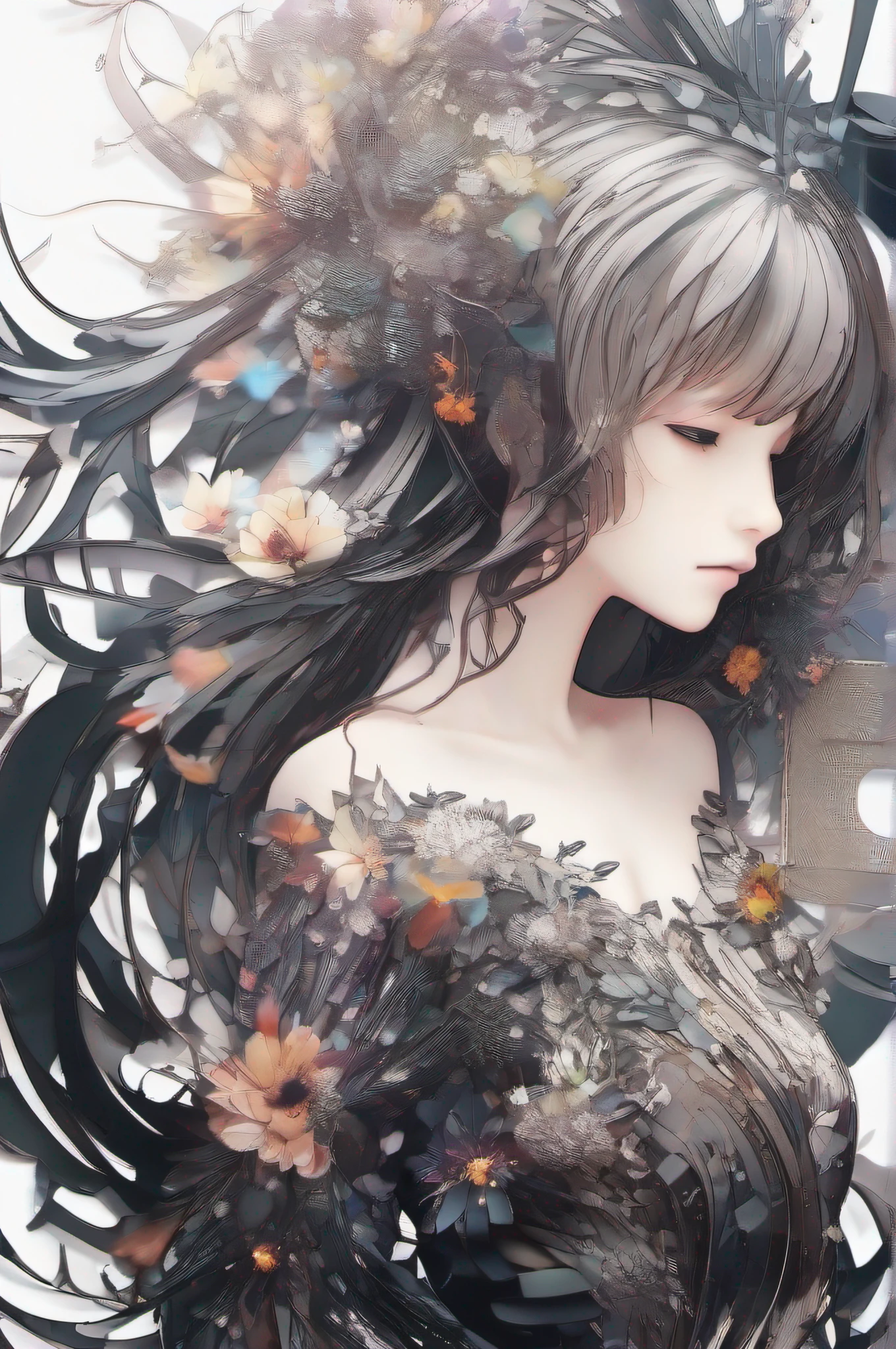 anime art style, a woman in a dress made of ferrofluid threads and flowers, white background, waist up shot