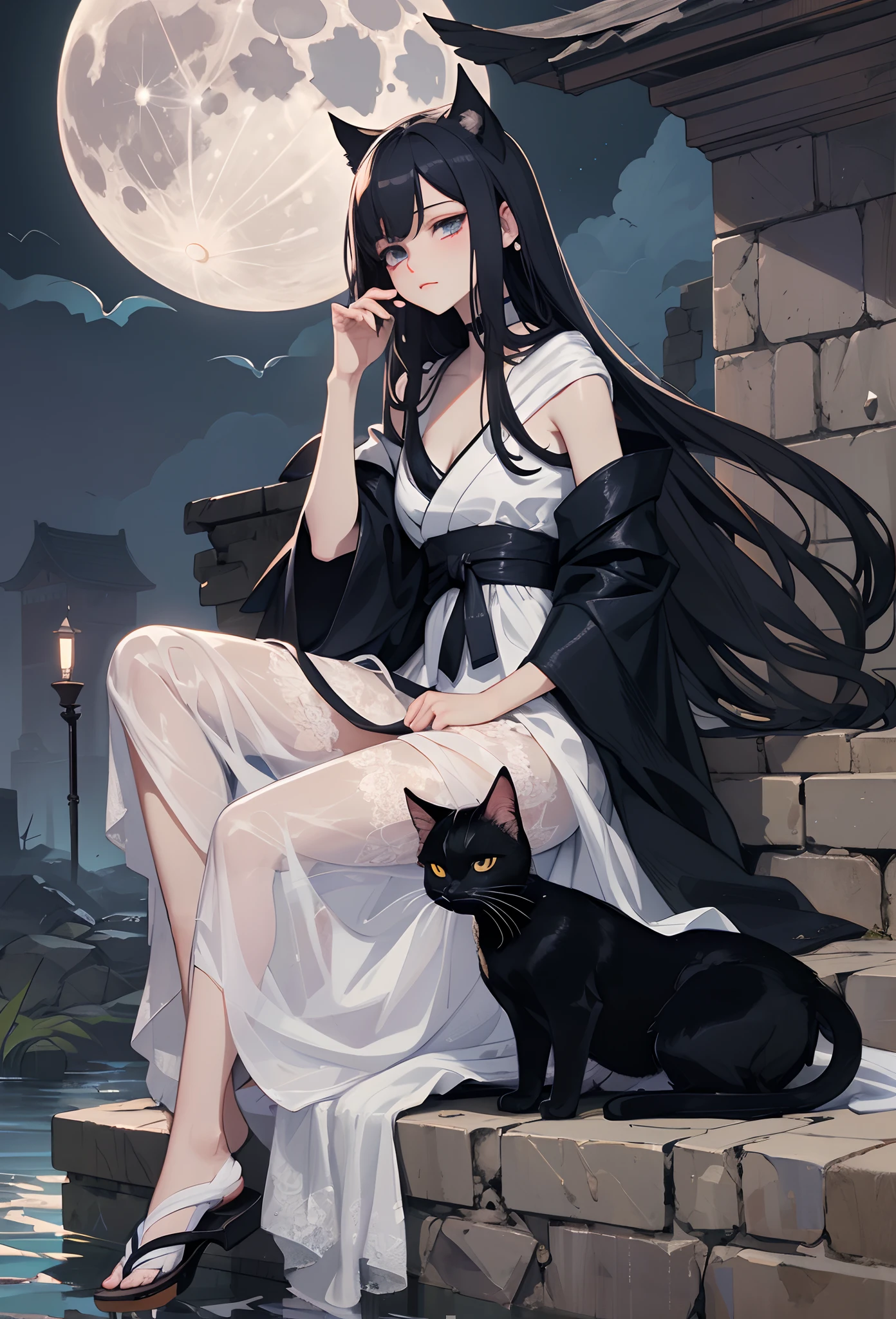 (Detailed illustrations,Very detailed and detailed drawing,Delicate lines with slow and rapid,Realistic texture expression,[[reallistic]]),[Color tressed main line],[Watercolor-style coloring],(Midnight Ruins [An old stone castle with moonlight leaking]) fullmoon,(Vampire JapaneseGirl (Beautiful fece) [Beautiful but sickly face Sunken eyes] Skinny ) [Delicate and bony figure] Bare legged [[Straight cropped bangs]] Beautiful straight long hair [black cat],(Beautiful skin shining on the moon [pale skin]),(Long Cape in the dark [Ribbon lace embroidery]),[gravure [Ephemeral Melancholy]] [rays of moonlight [Tindall Effect]] [[sitting]],[Dark Fantasy],(Fine and beautiful skin expression [Transparency]),[Perfect eye details (Eyes beautifully drawn down to the smallest detail)],[long and beautiful eyelashes:0.4],[Fine hair details],(Perfect hand details),(Perfectly proportioned:1.2,Perfect Anatomy),[Ideal color coordination(Accurate simulation of light-material interactions)],(detaileds,high-detail)),([Precision Detail],HighQuality,hight resolution),[Eros in the Natural Body] [Visual art that conveys a sense of narrative] [[Full body like]].